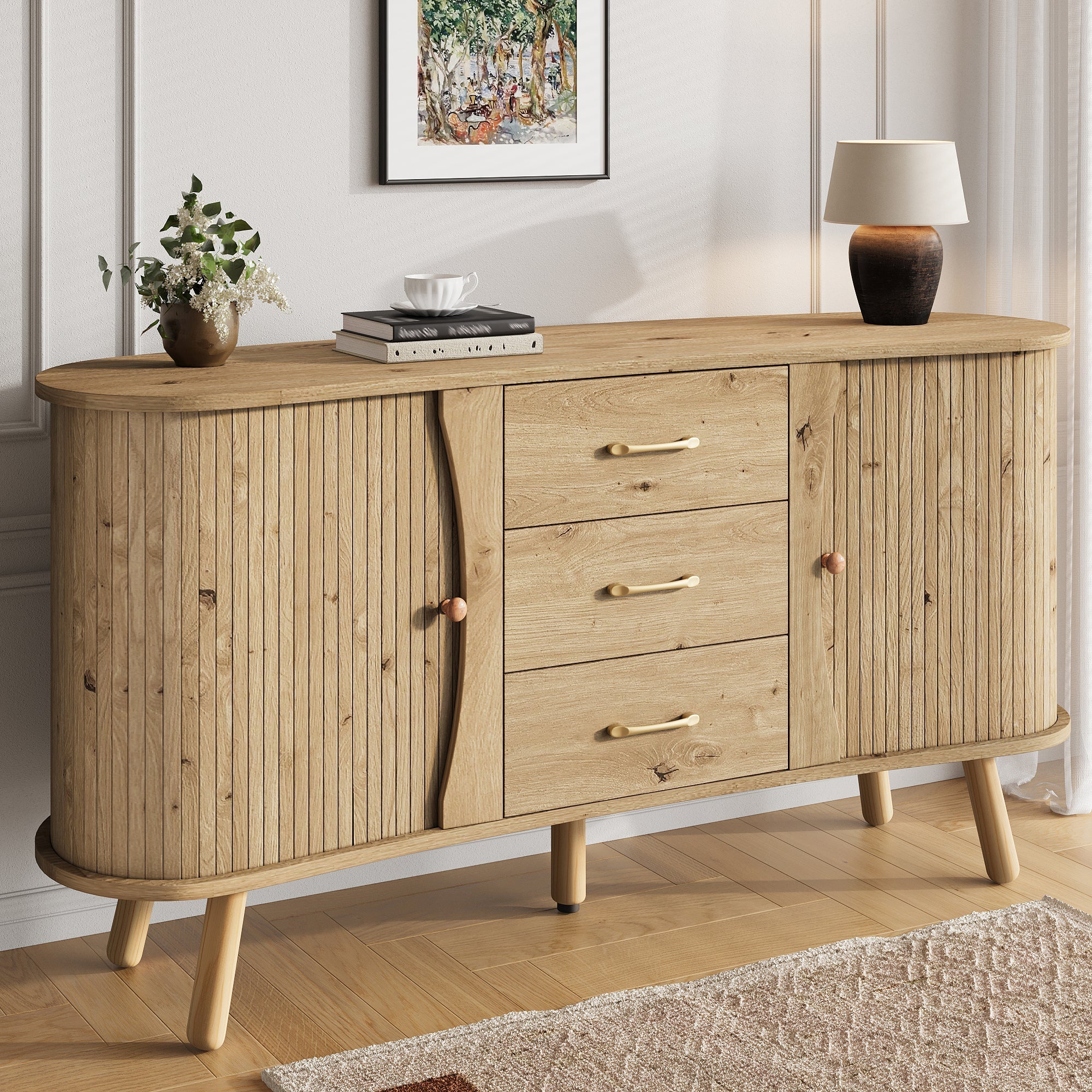 Pea-Shaped Sideboard with 2 Sliding Doors and 3 Drawers, Scandinavian Style with Solid Wood Legs, Wood Look MDF