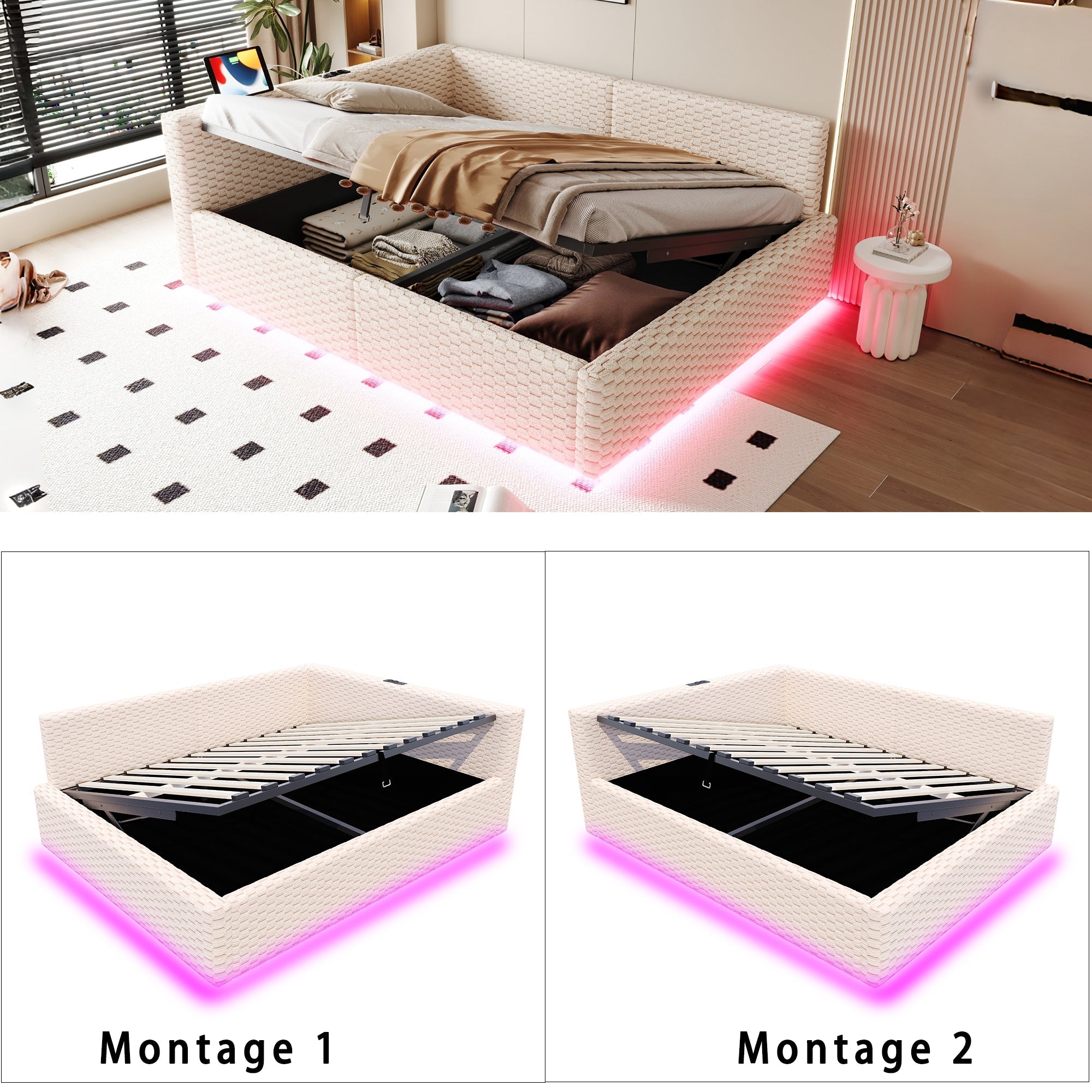 Upholstered Bed 140x200cm with LED, USB, L-Shaped Backrest and Hydraulic Frame, Beige Velvet