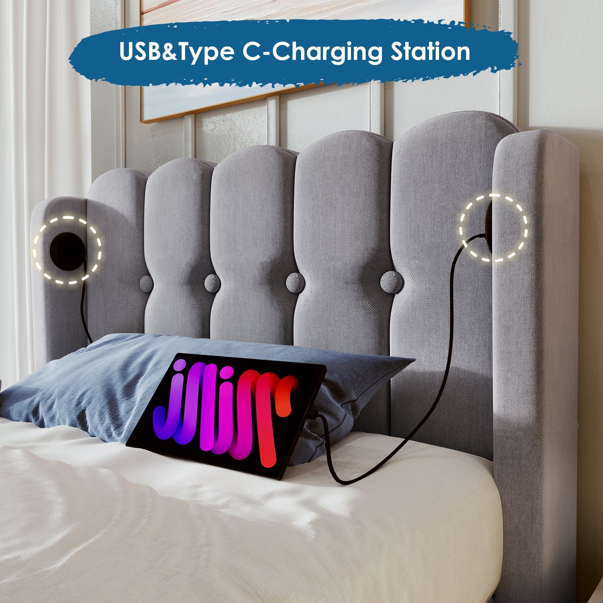 Upholstered Single Bed with USB and Type-C Charging, Wooden Slatted Frame, Grey Linen Material (No Mattress)