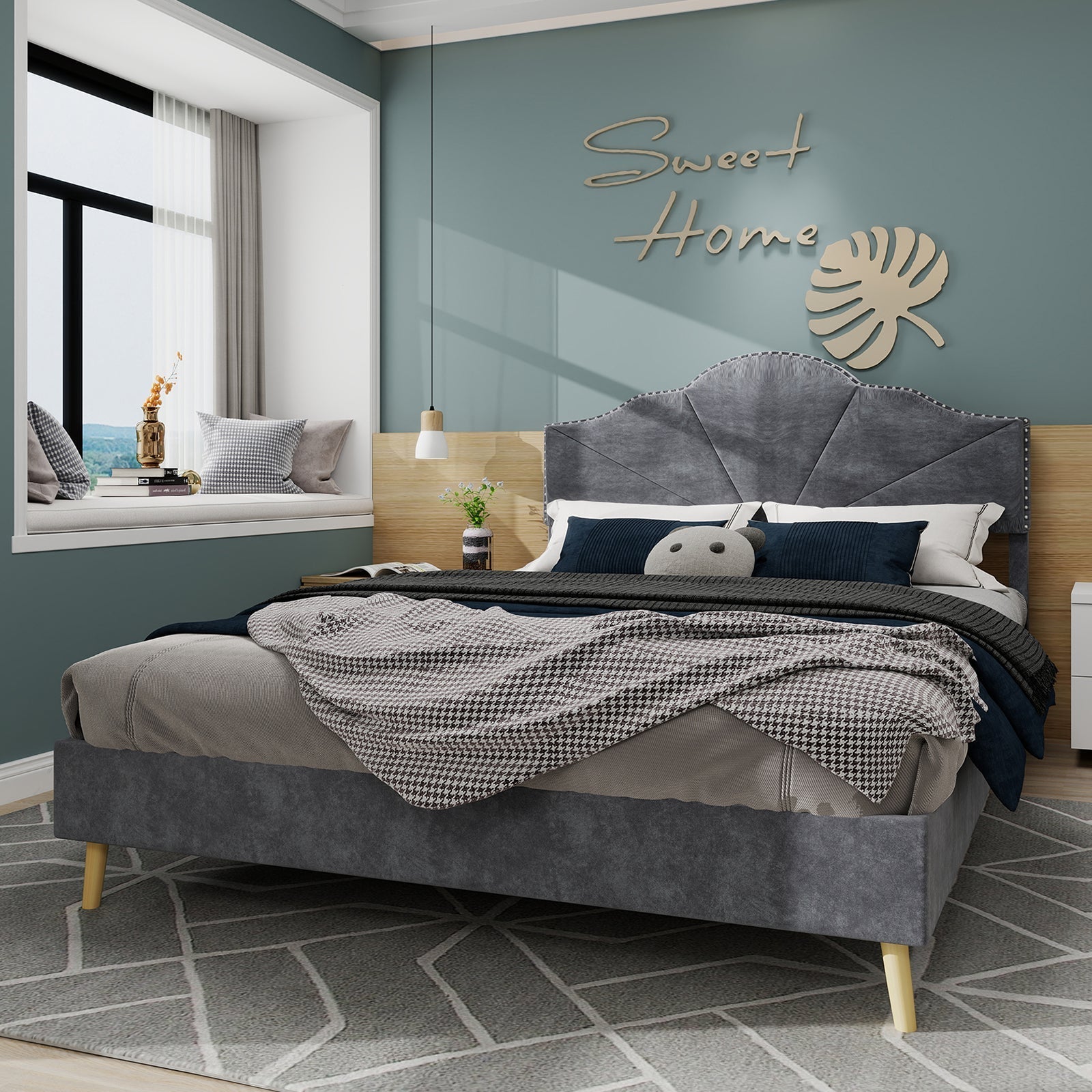 Soft Bed, Minimalist Headboard Multifunctional Low Box Frame, Gray