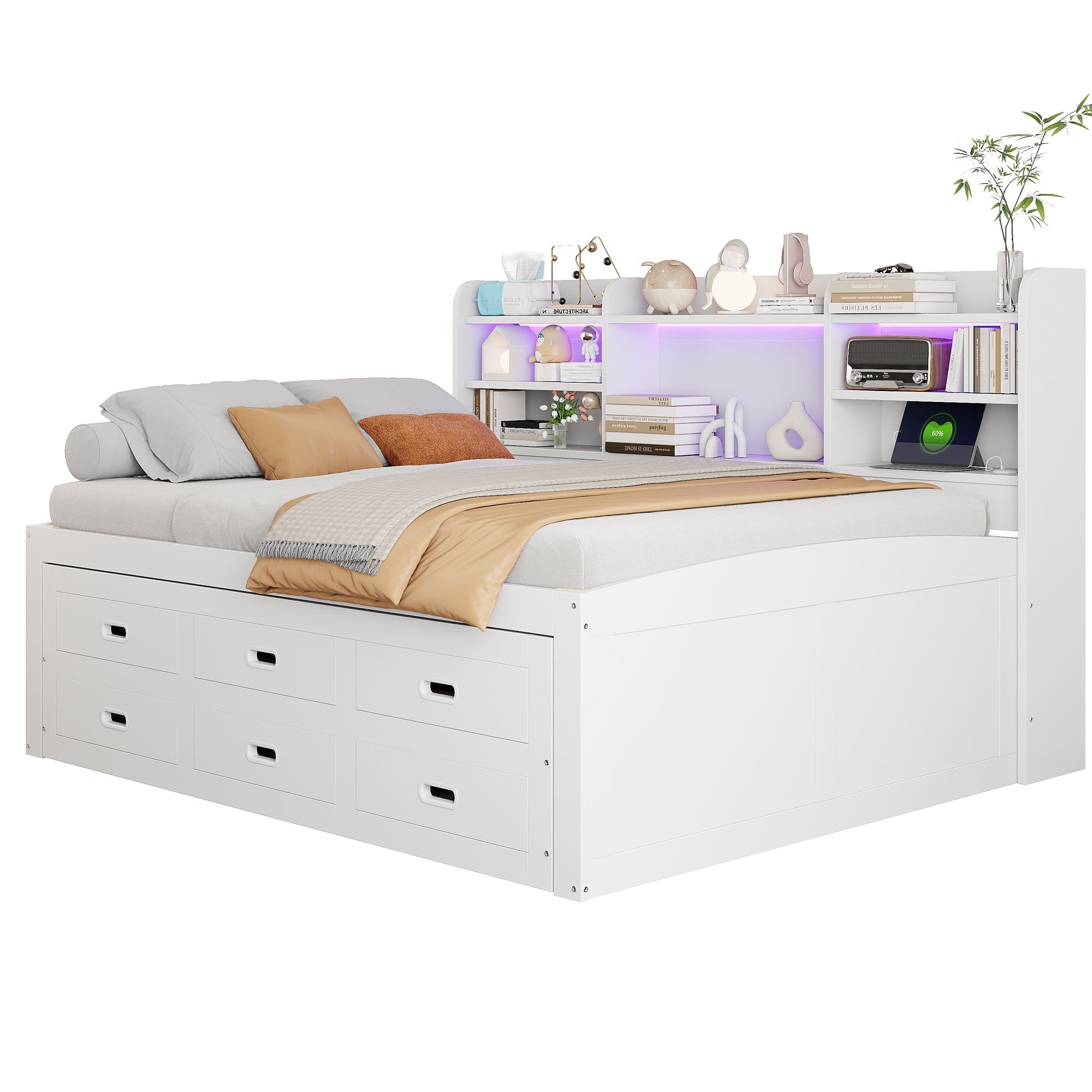 Daybed Sofa Bed 140x200cm Multifunctional Extendable with LED Lights 3 Drawers USB/Type-C White