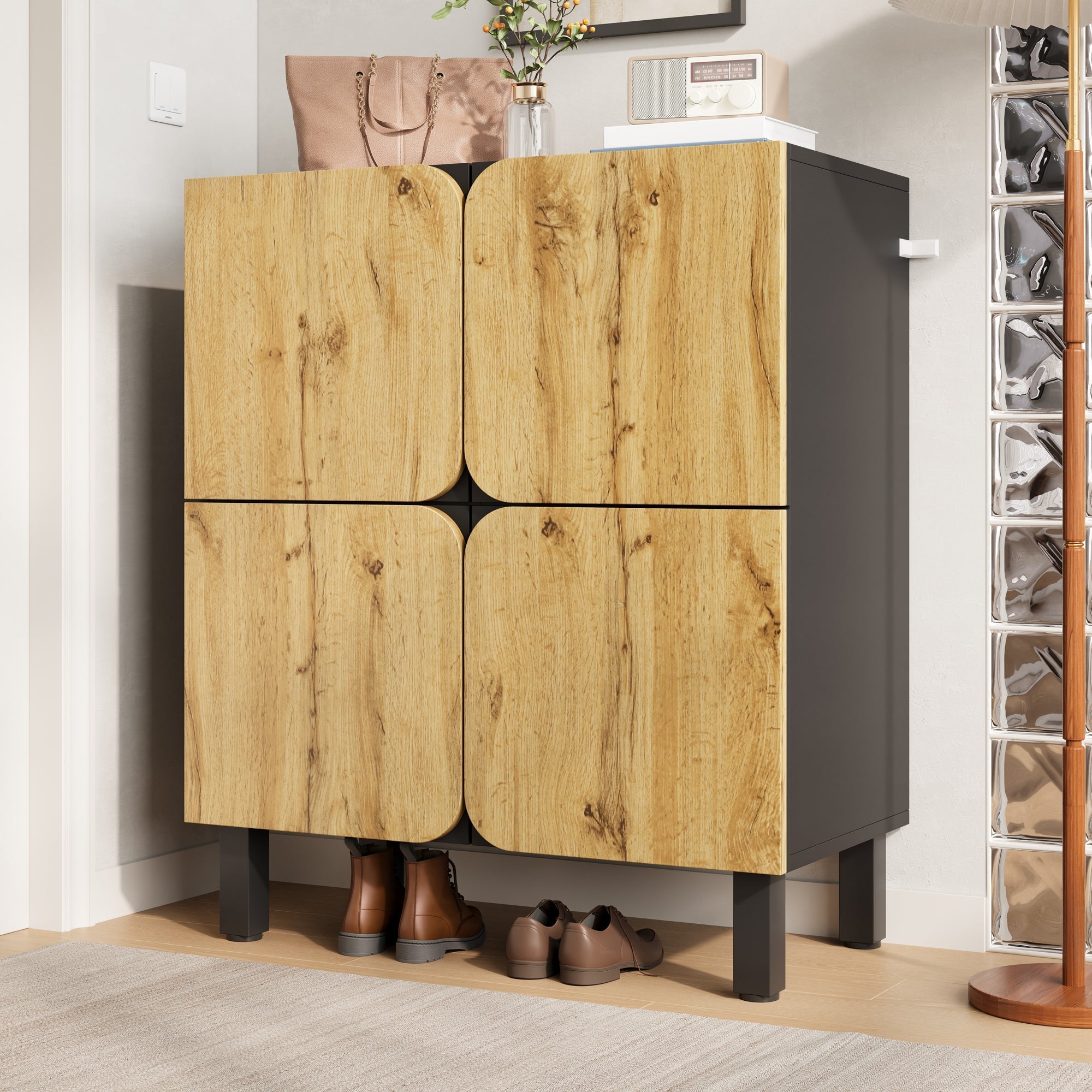 Shoe Cabinet 4 Doors Adjustable Shelves Curved Doors Black