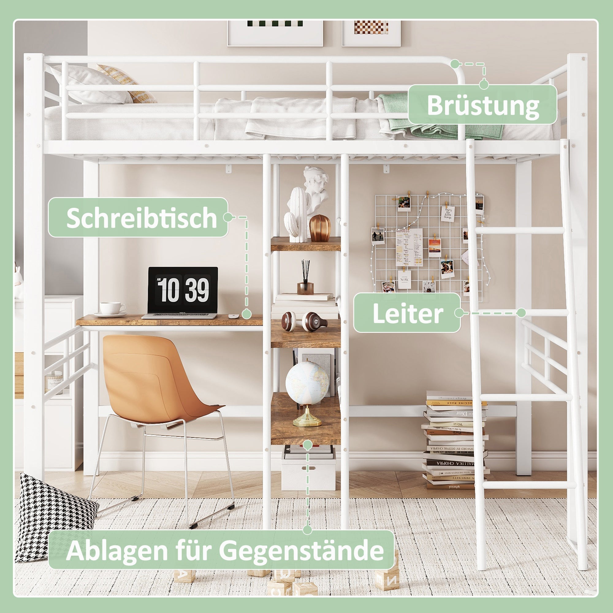 Loft Bed 90x200cm with Desk Shelves Railing Ladder Iron Frame White
