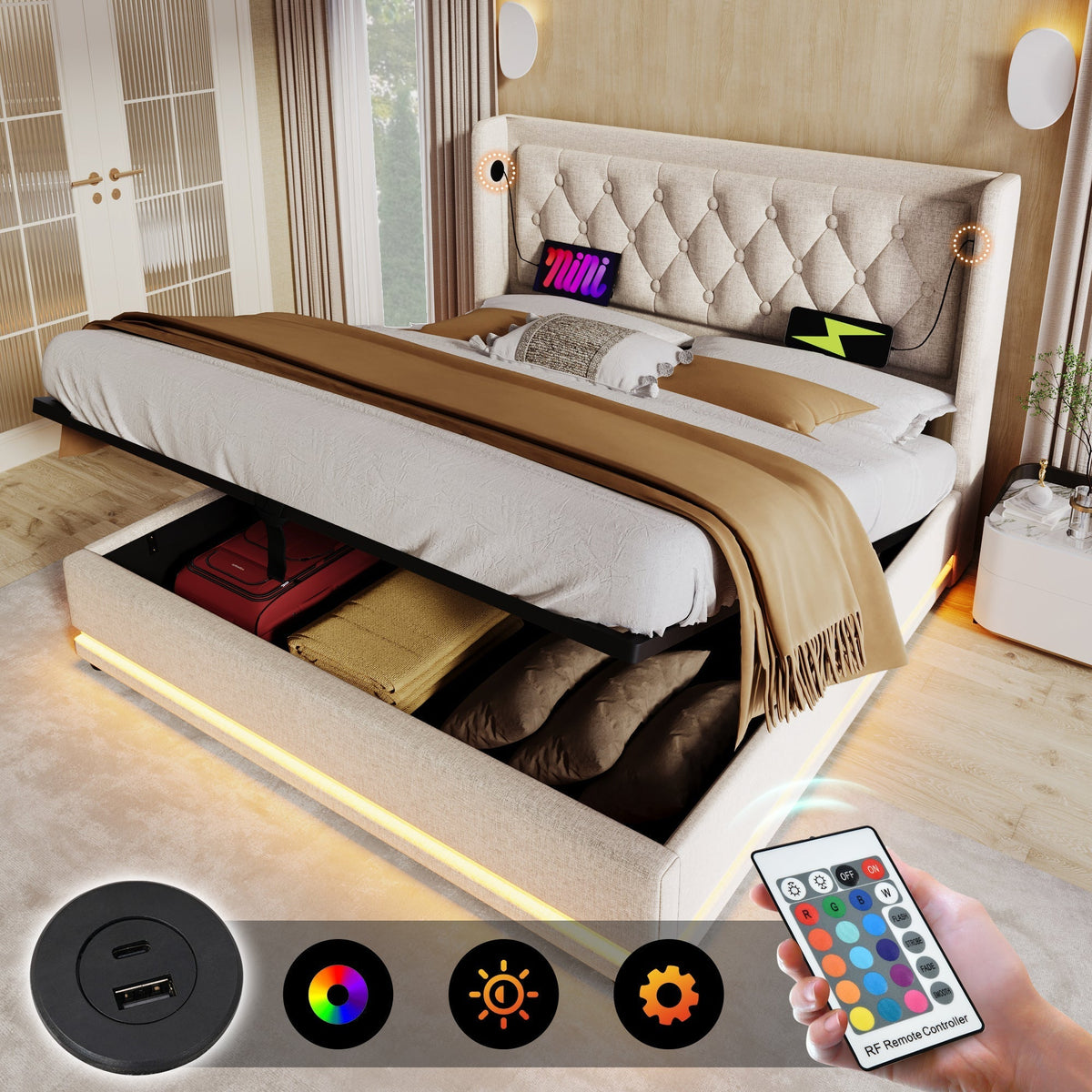 Upholstered Double Bed 180x200cm Hydraulic Storage LED Headboard USB-C, Beige Cotton