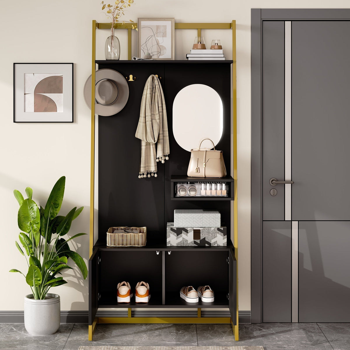 Modern Minimalist Wardrobe Compact Multifunctional Storage with Mirror & Shoe Bench, Metal Hooks