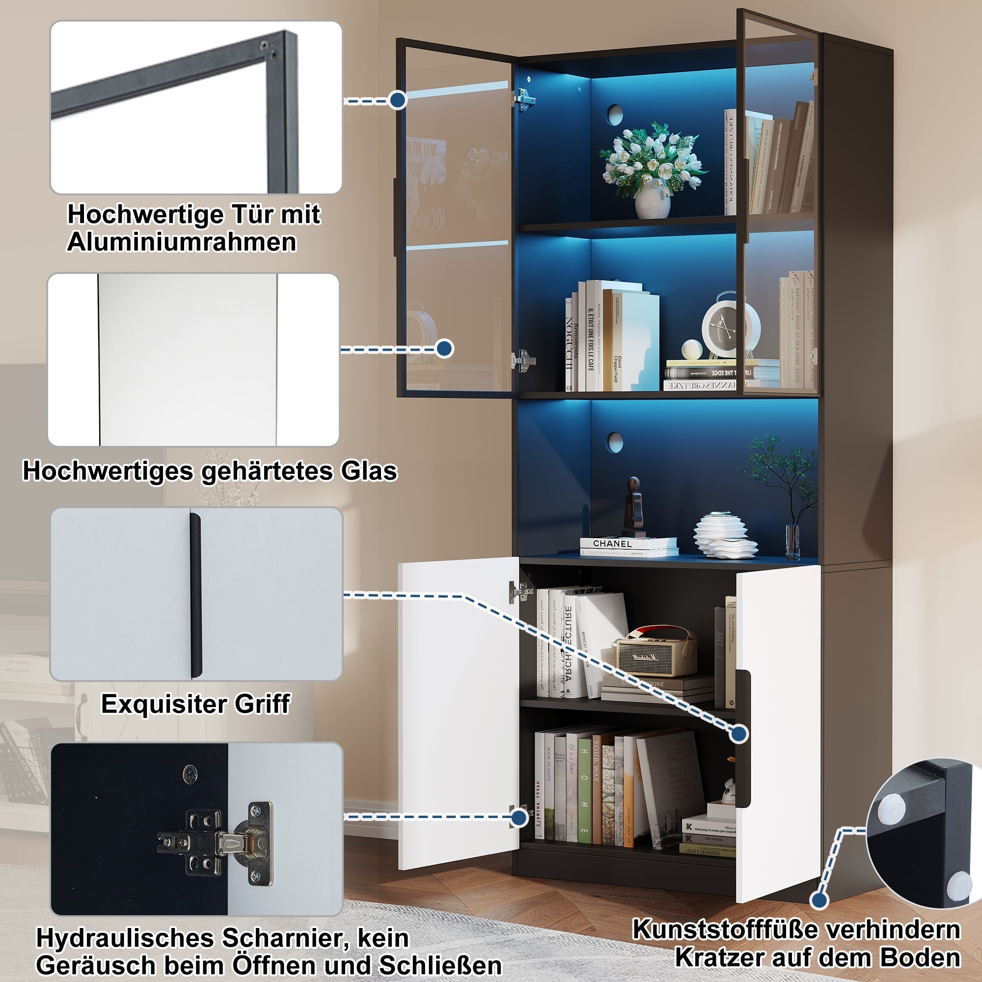 Display Cabinet, Minimalist LED Glass Doors, White with Black Decoration