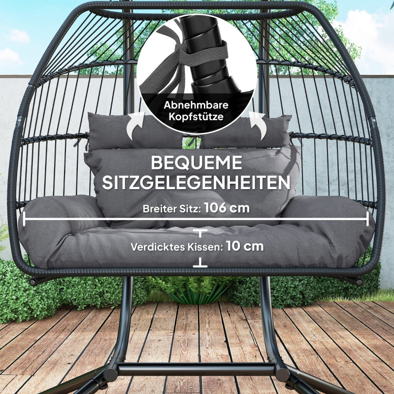Hanging Chair with Frame, Foldable Basket with Cushion, Ergonomic Swing for 2 people, 260 kg capacity, Dark Gray