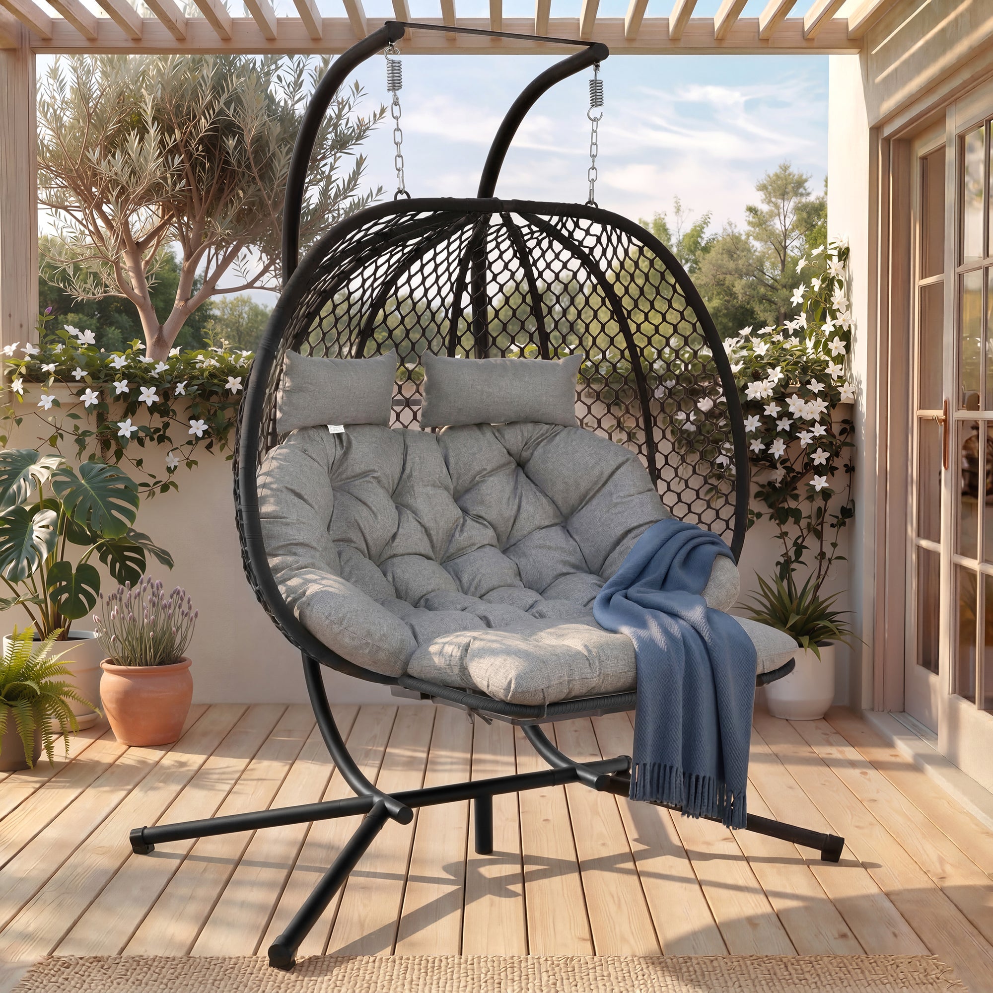 Double Egg-Shaped Hanging Chair with Stand, Seat Cushion, Pillow and Footrest, Grey Metal
