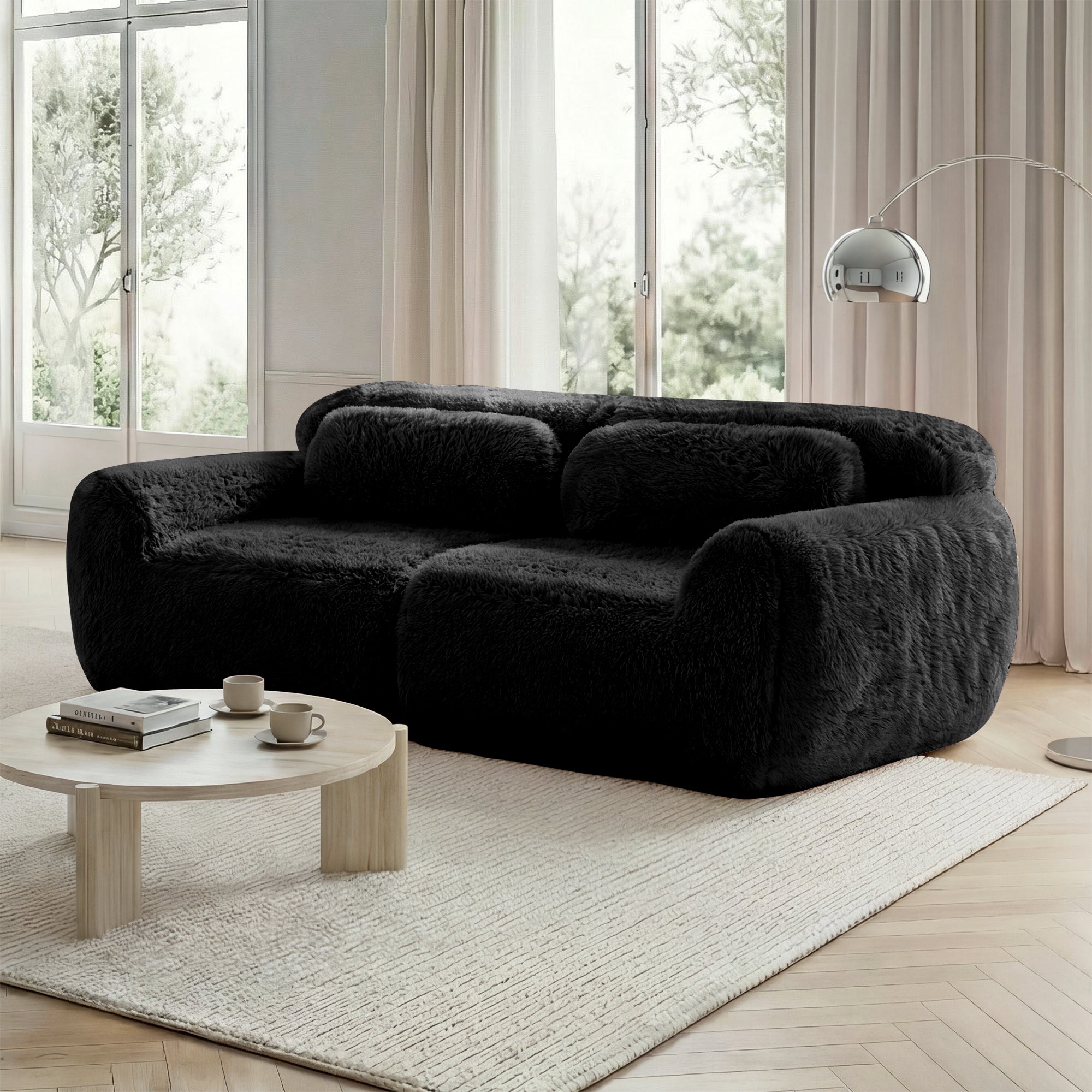 2-Seater Sofa Modular Frameless Plush Fabric with Cushions - Black