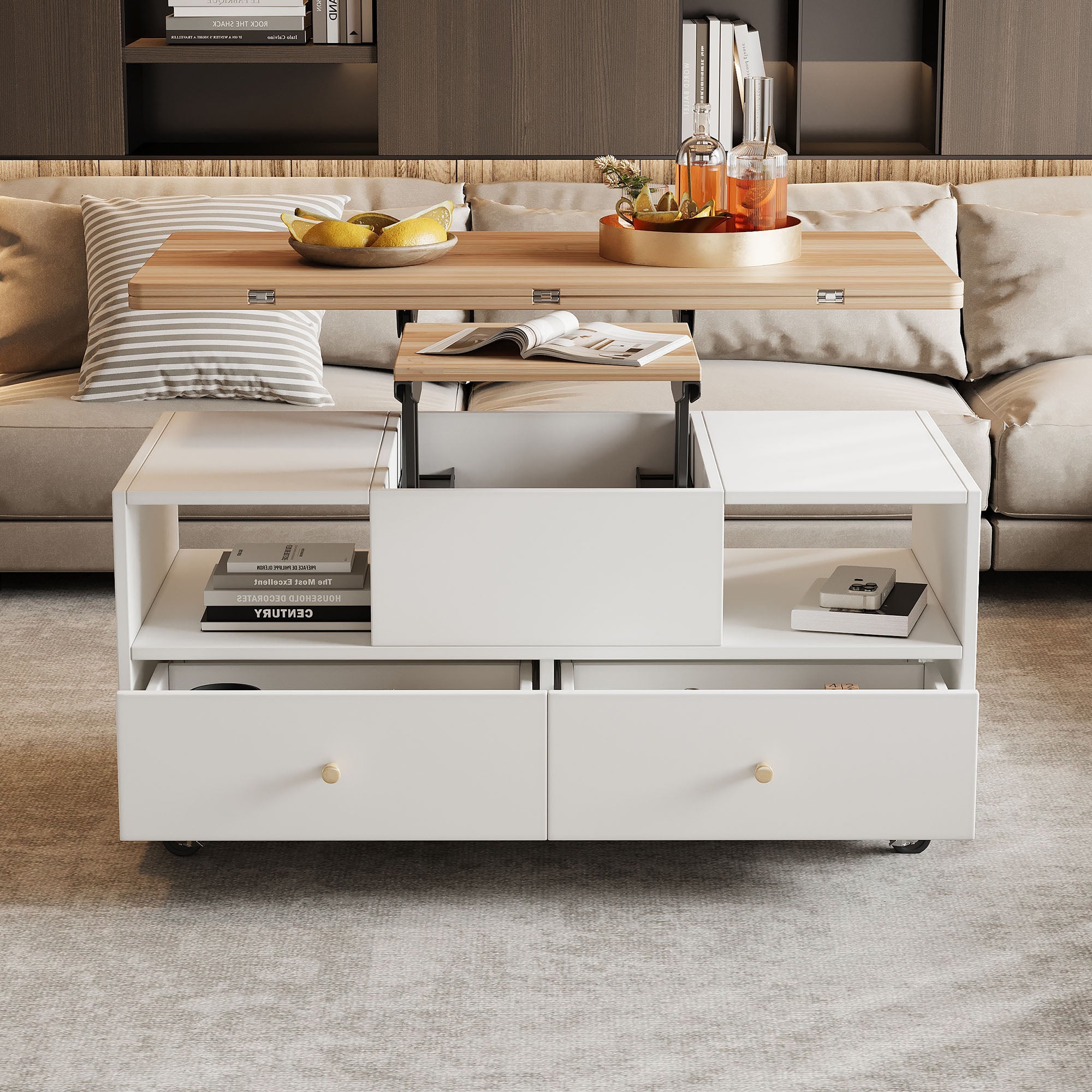 Coffee Table Adjustable Folding 4 Drawers Lift Table Movable Casters