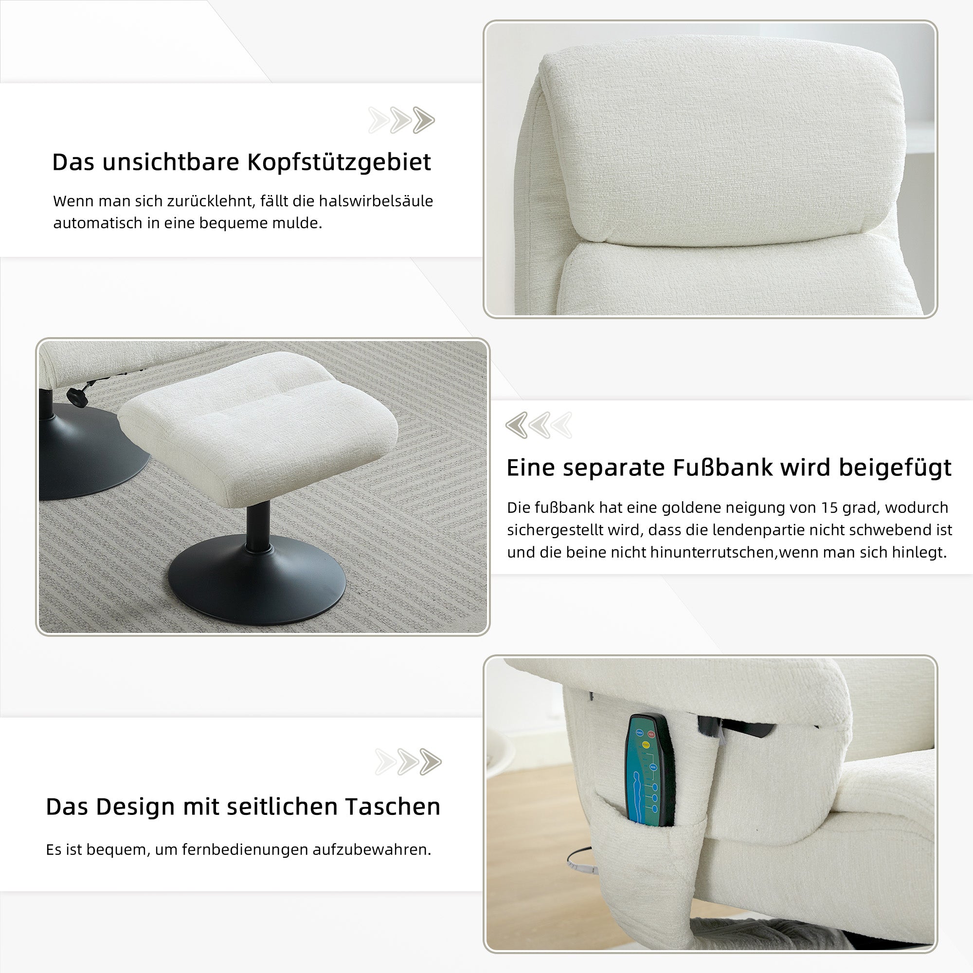 023 Recliner Chair, 5-Point Massage, Electric Heat, Footstool, 360° Swivel, Chenille Fabric White