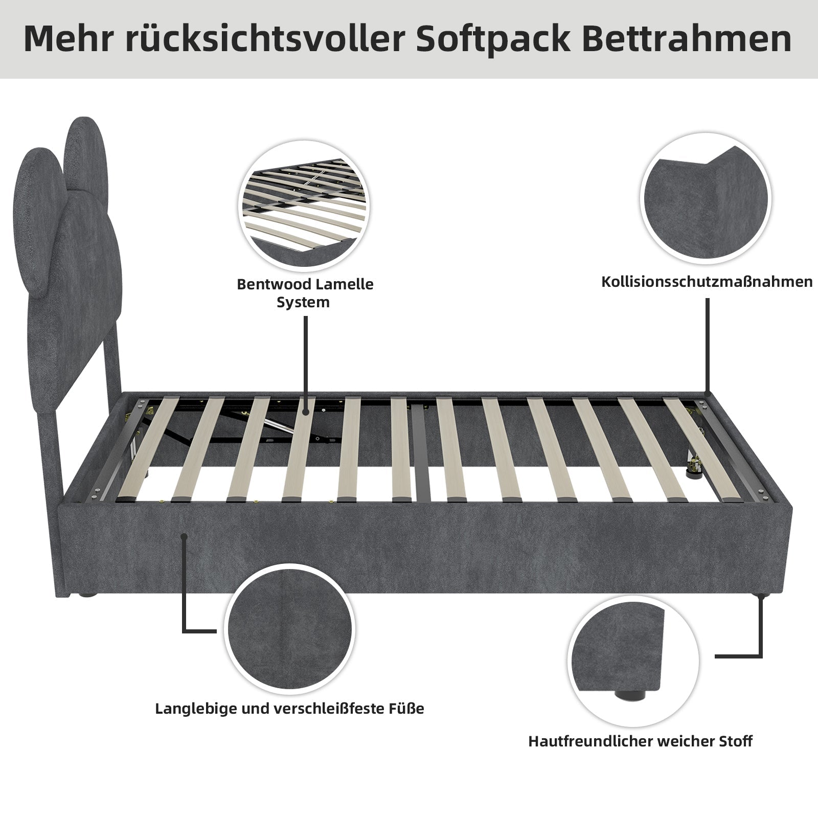 Upholstered Bed, Minimalist with Cartoon Headboard, 90x200 cm, Grey