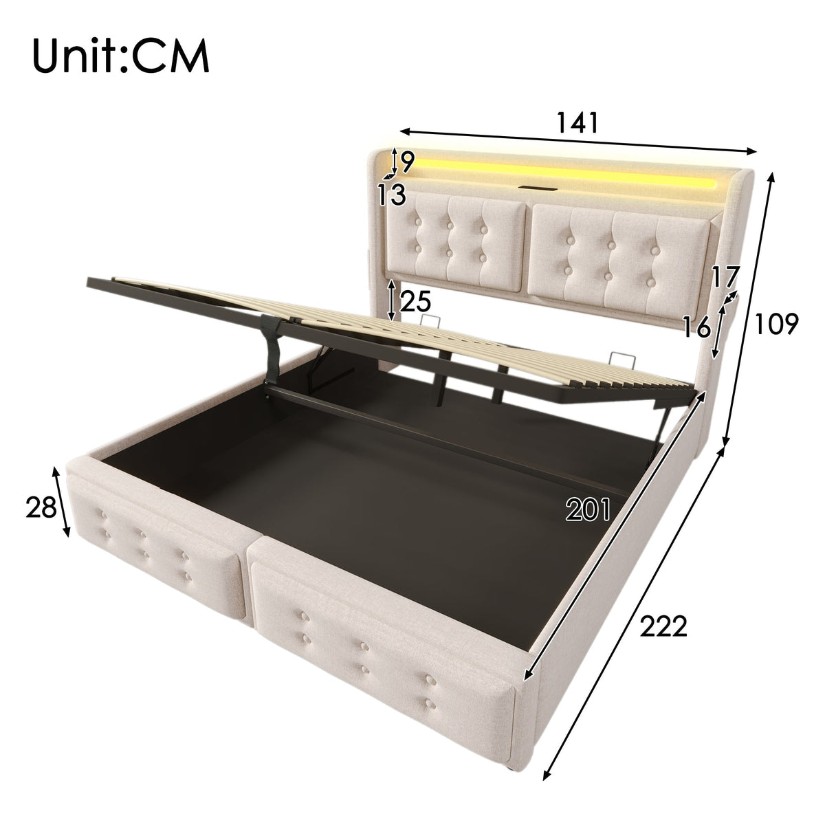 Upholstered Bed 140x200 Double LED Headboard USB Hydraulic Storage, Beige Cotton (with Mattress)