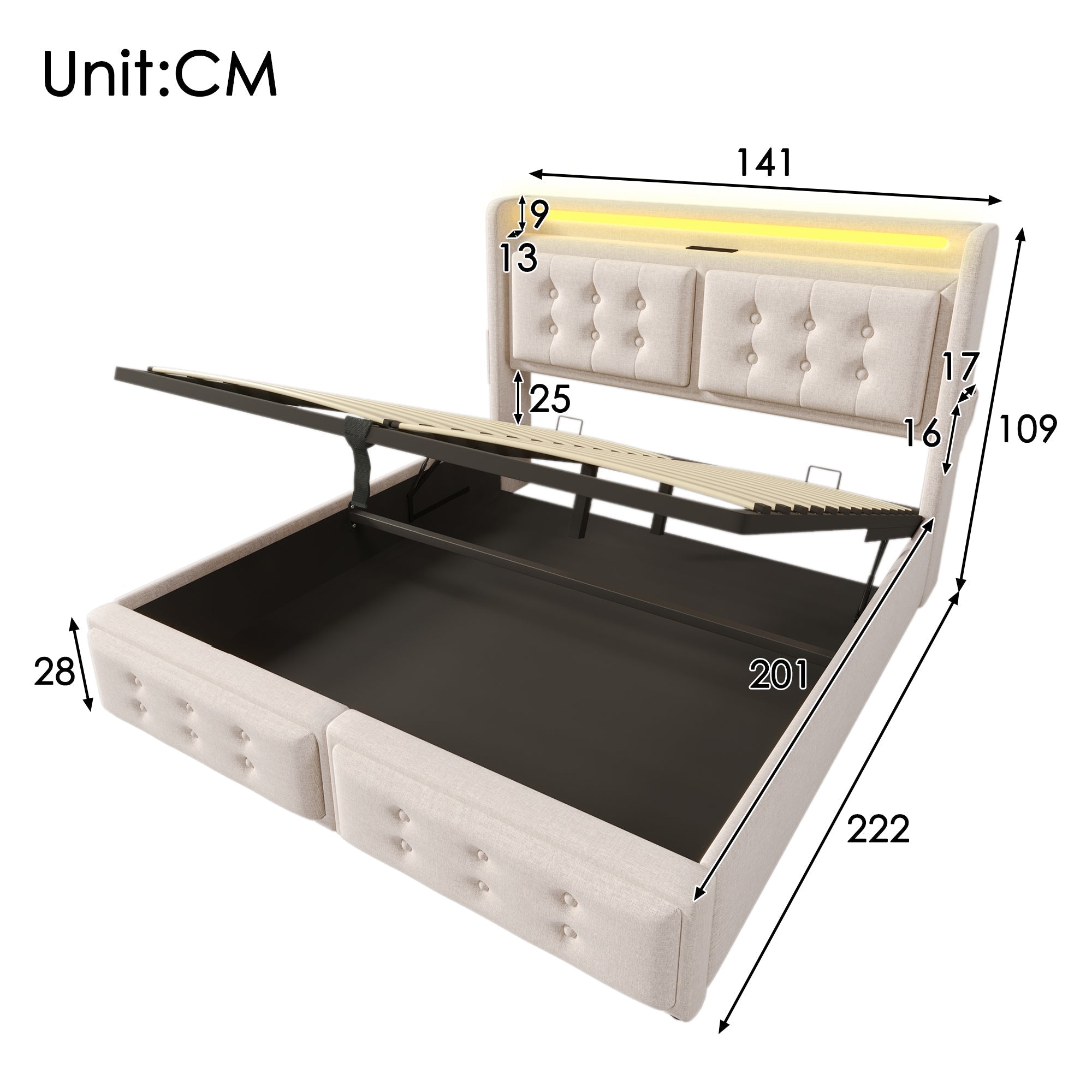Upholstered Bed 140x200 LED USB Hydraulic Storage, Beige Cotton