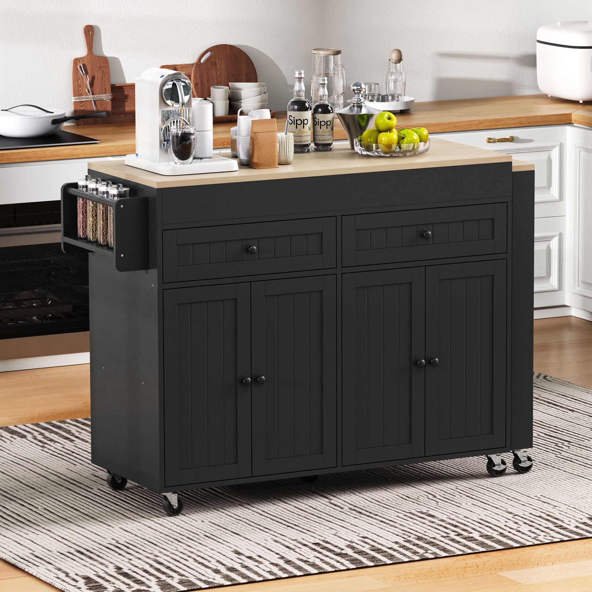 Kitchen Island, Mobile with Extendable Dining & Drawers, Black + Natural
