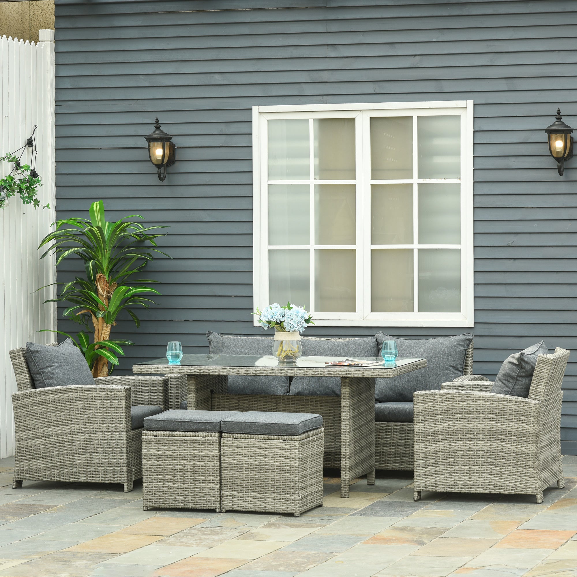 6 Pieces PE Rattan Garden Furniture Set, Three-seat Sofa, Armchairs, Footstools, Aluminium, Light Grey