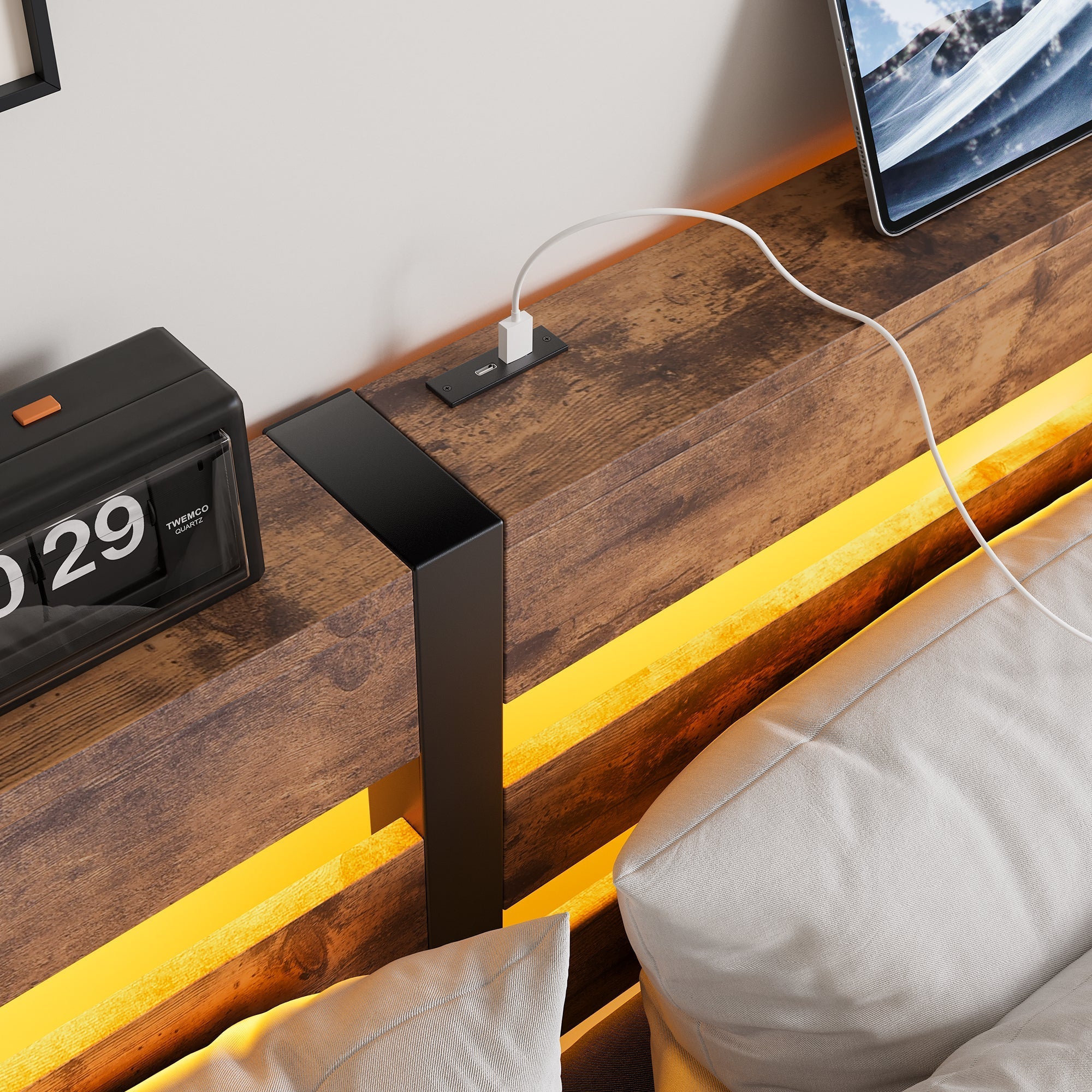 Metal Bed Frame 140x200cm, LED Lighting USB Charging Station Under-Bed Storage, Metal