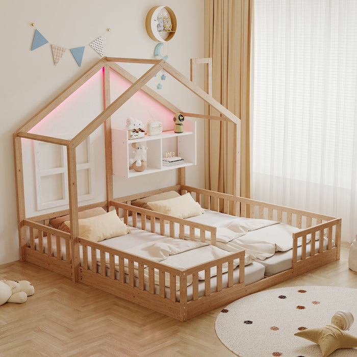Wooden House Bed 90x200cm Freestanding LED Storage Shelves Wood Color