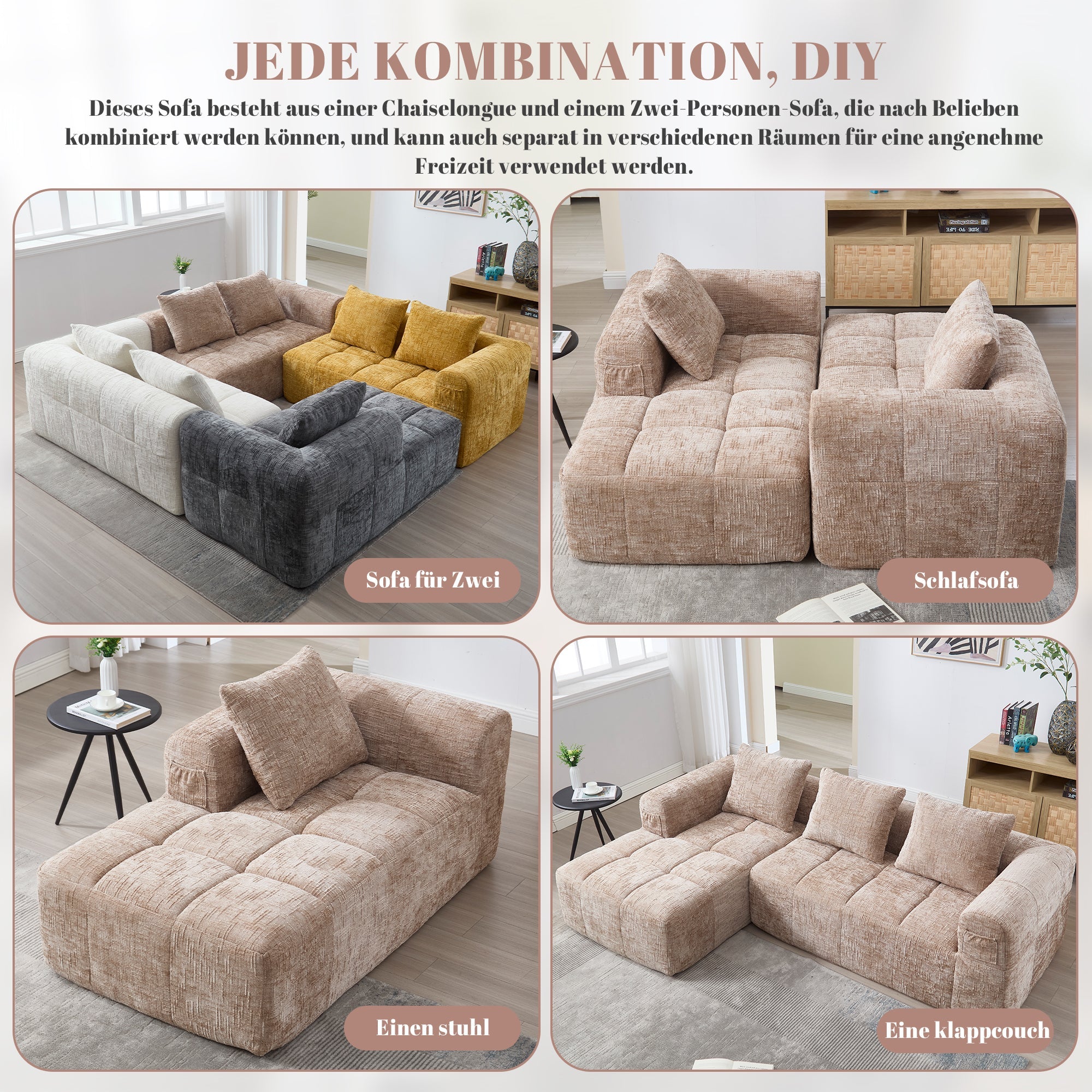 Modern Sectional Sofa L-Shaped 3-Seater Chaise Lounge Chenille Khaki
