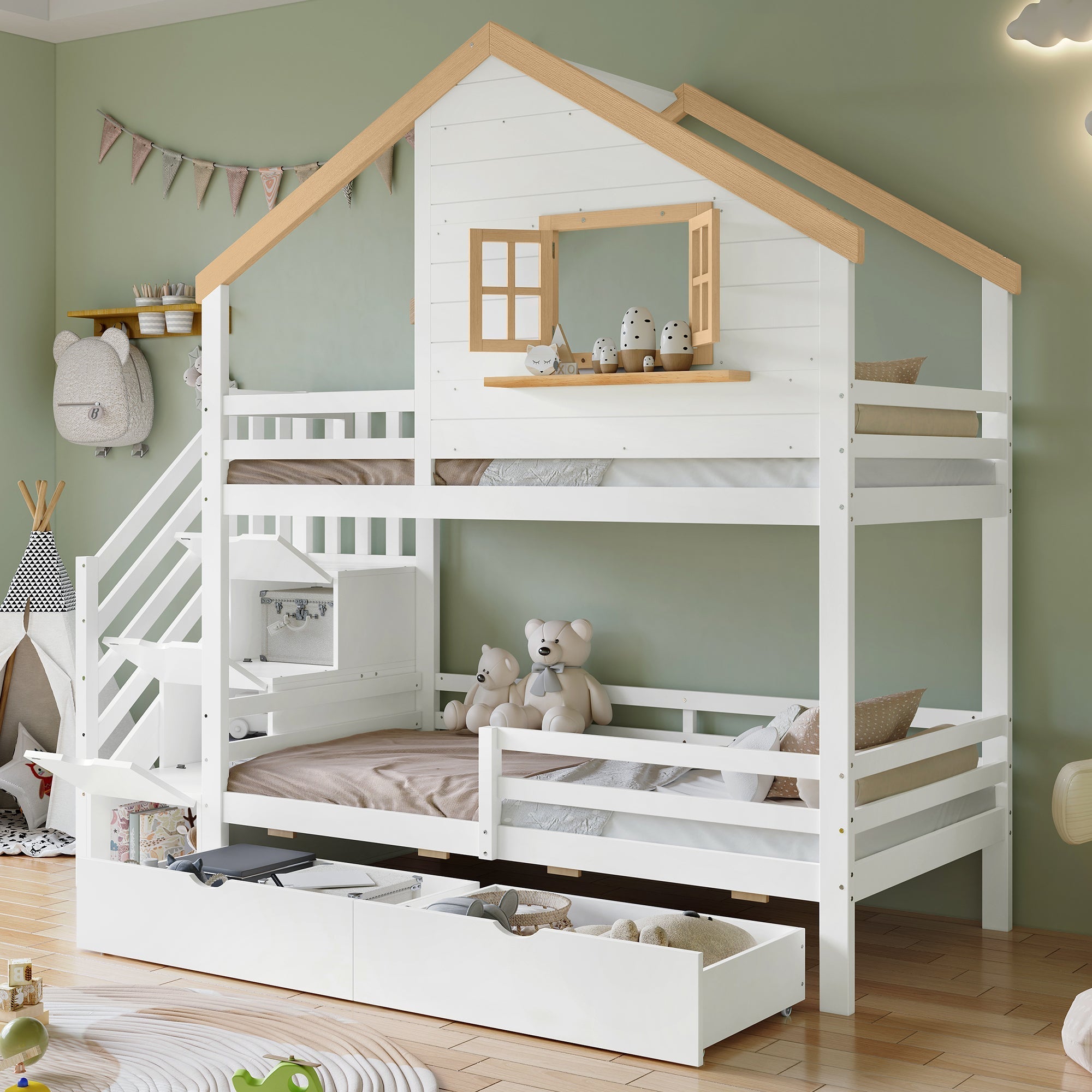 Bunk Bed with Storage Stairs, House Design 90x200cm, Pine/MDF White/Natural