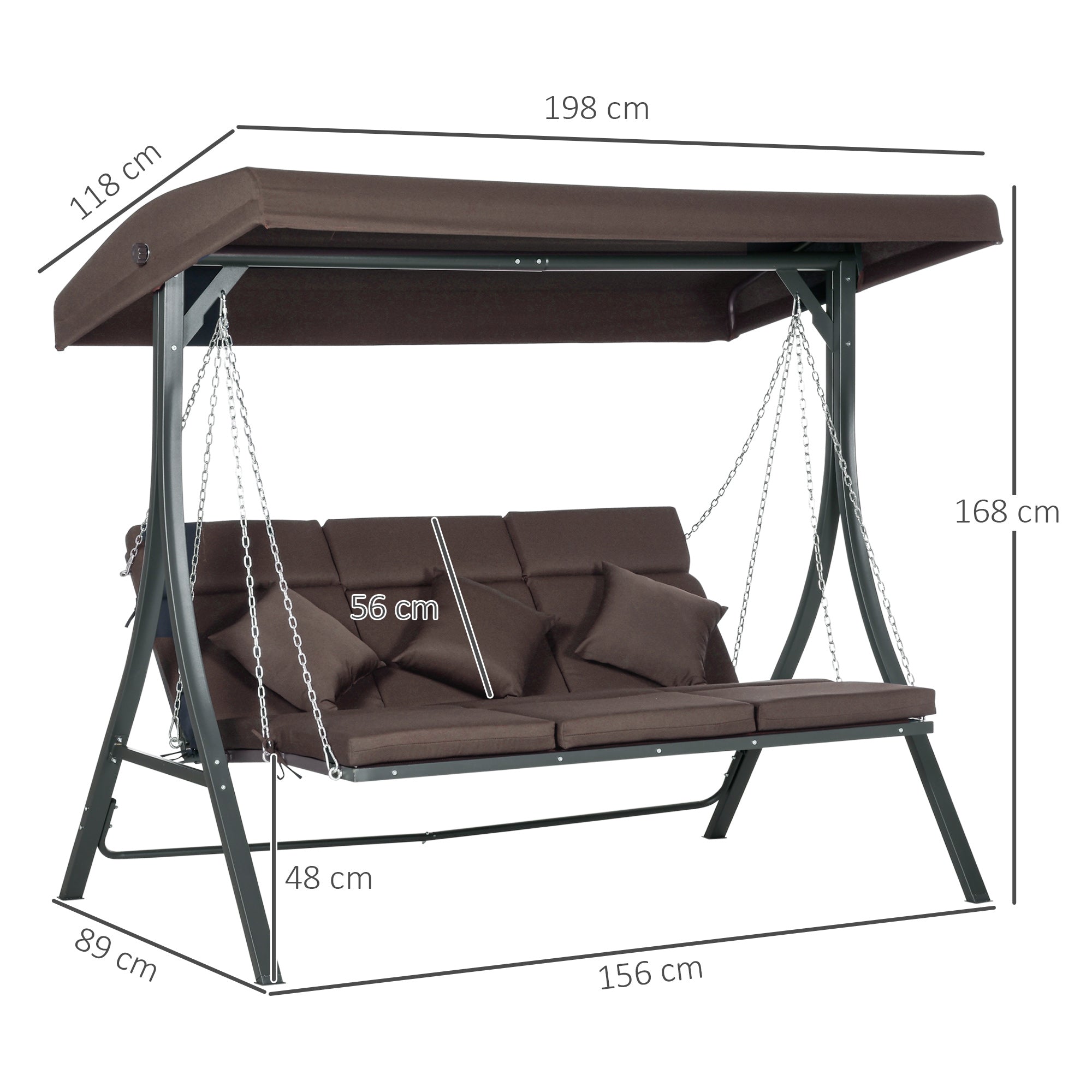 Hollywood Swing 3-Seater Adjustable Sunshade & Cushions Metal/Textile Brown