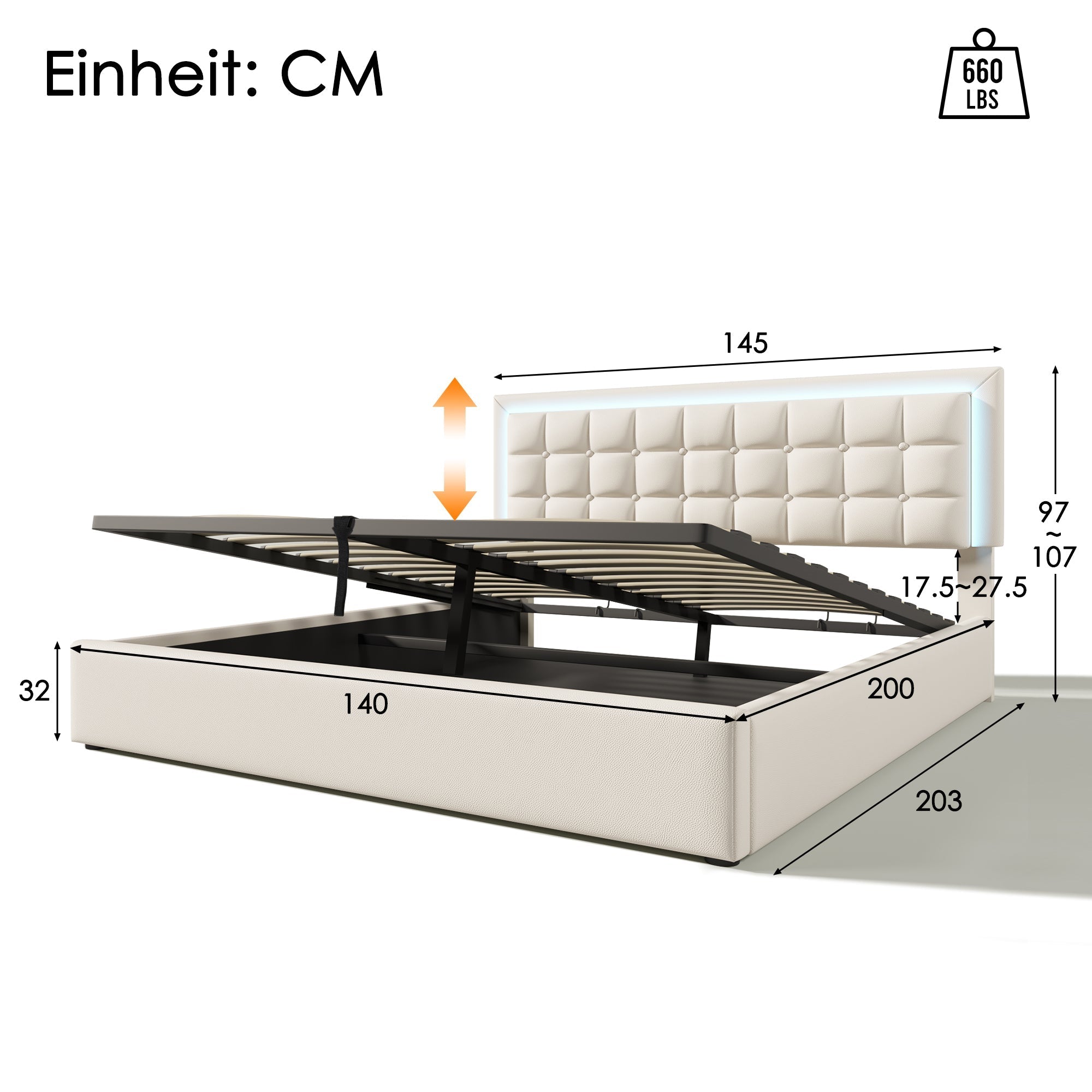 Upholstered Bed, 140x200cm, Slatted Frame, Storage, LED, White Faux Leather