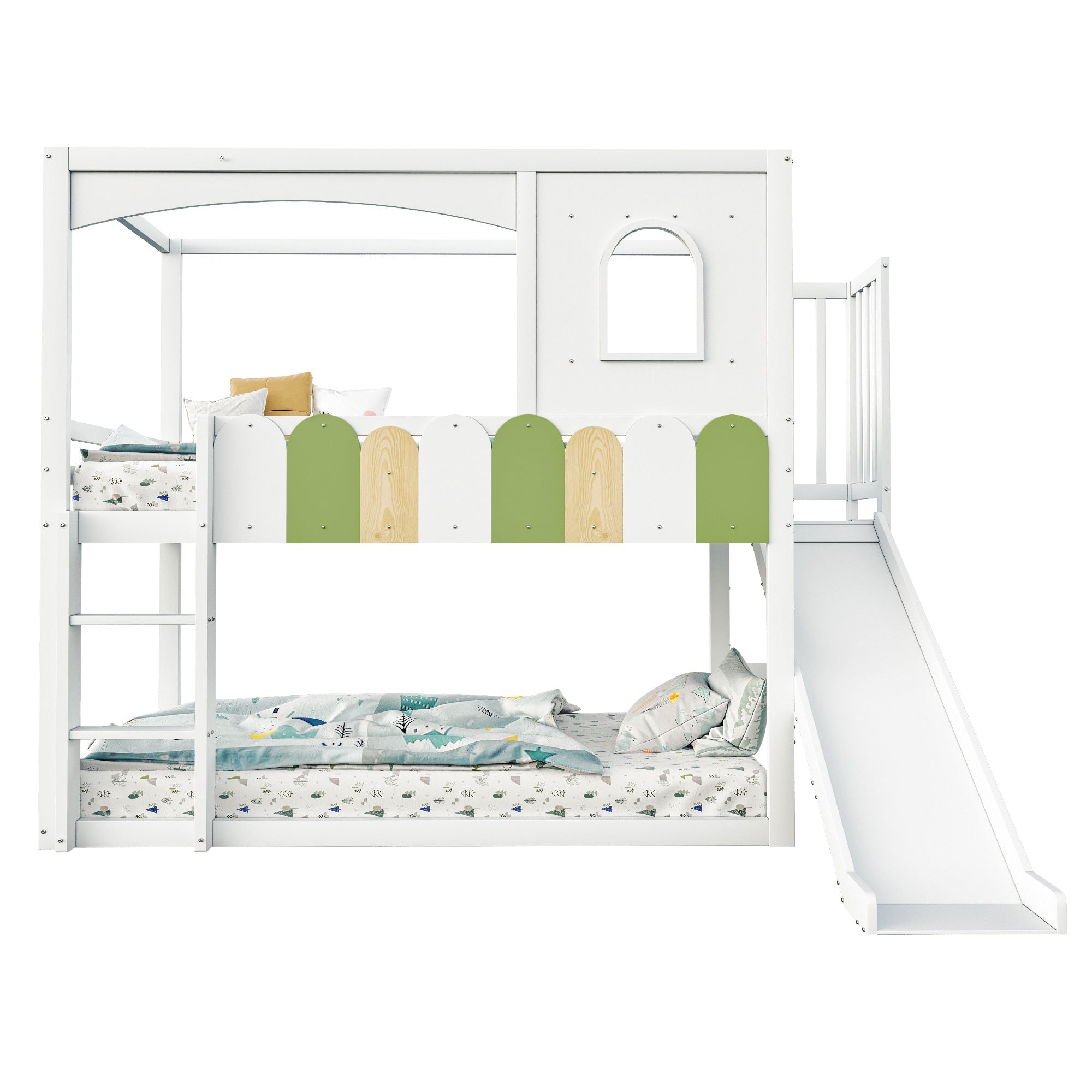 Children's House Loft Bed 90x200cm with Slide Safety Ladder White
