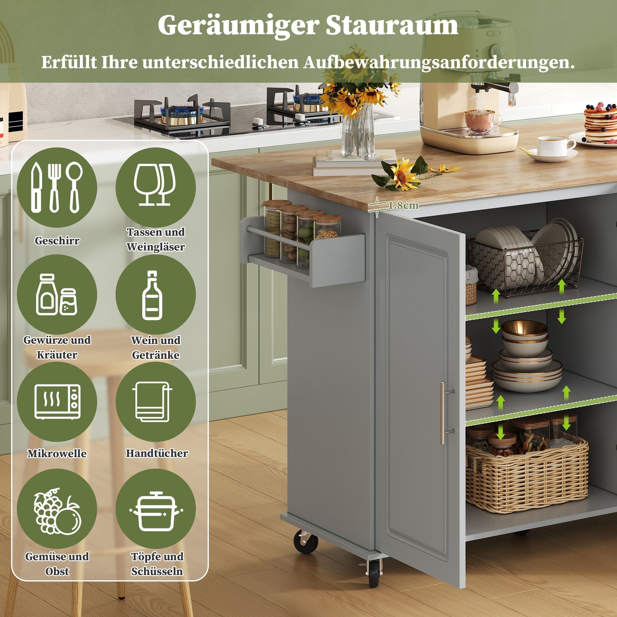 Mobile Kitchen Table with Foldable Design and 3 Drawers, Oak Worktop