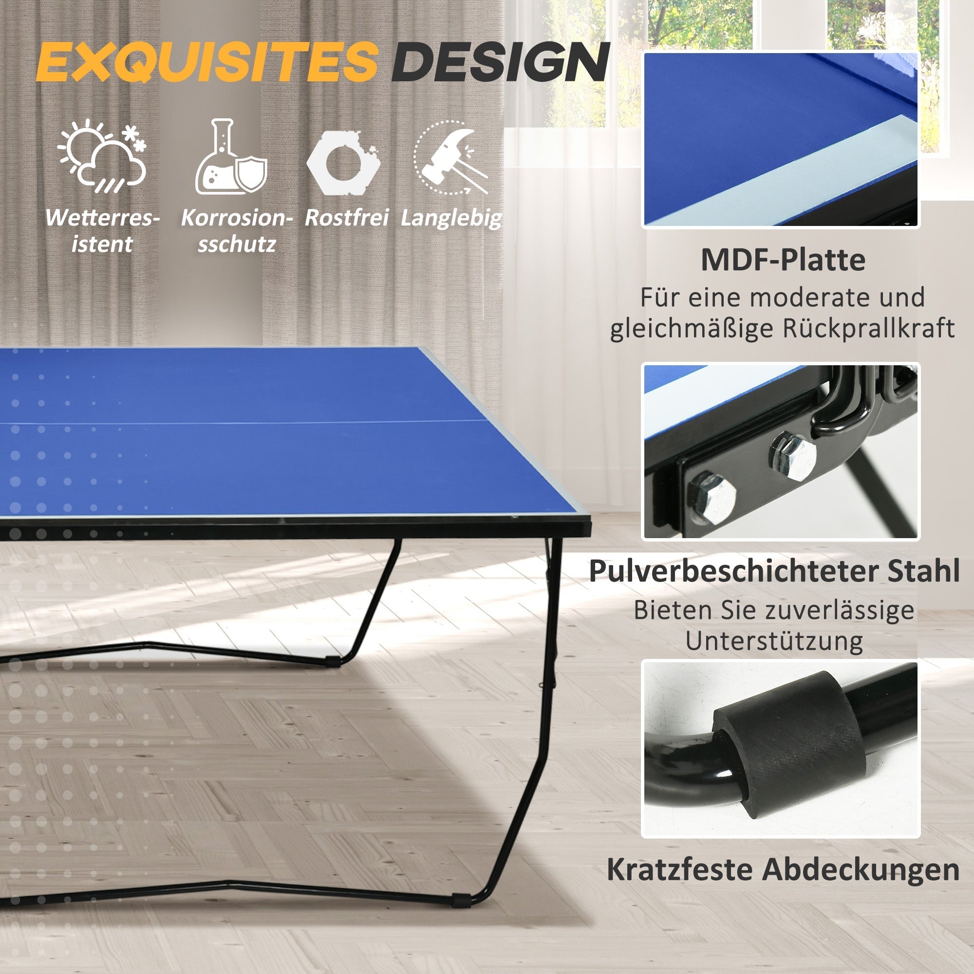 Table Tennis Table, Foldable with Net, Wheels, Steel, Blue