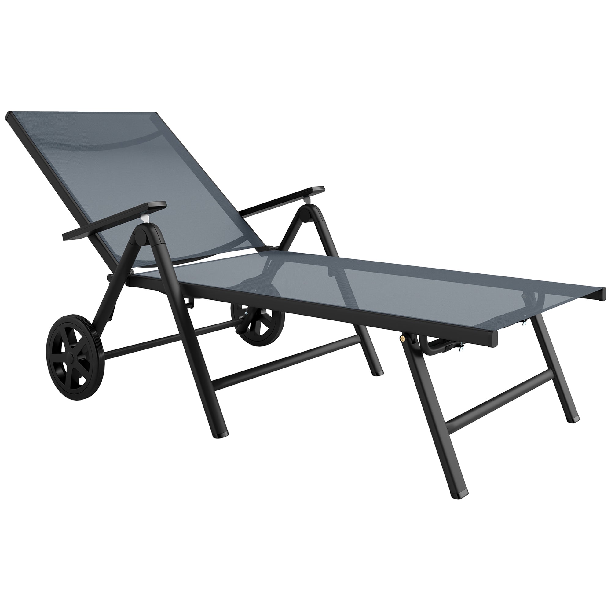 Folding Sun Lounger, 5-Position Adjustable Reclining with Wheels, Metal Frame Grey