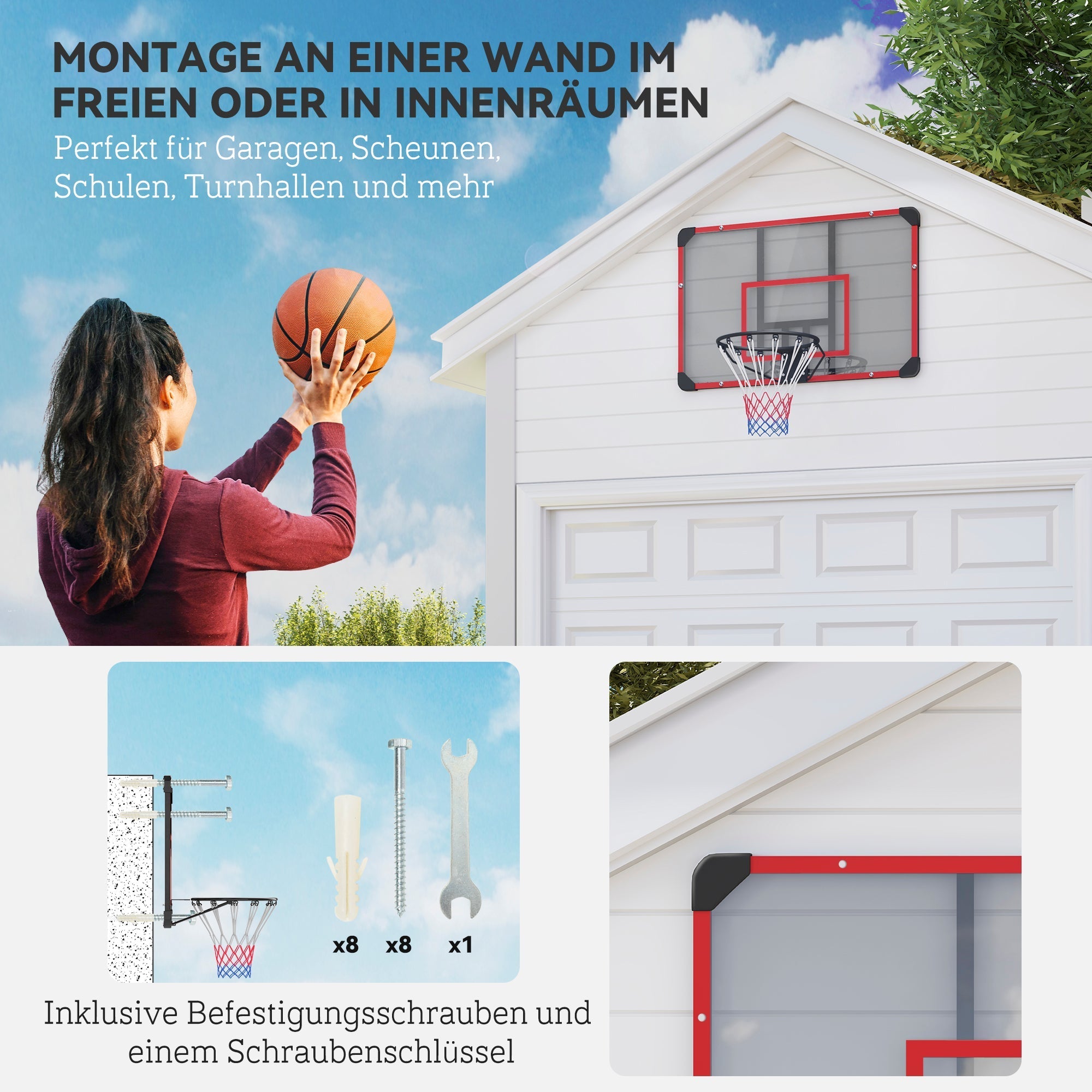 Basketballkorb, Wandmontage Außen-Backboard, Stahl Rot