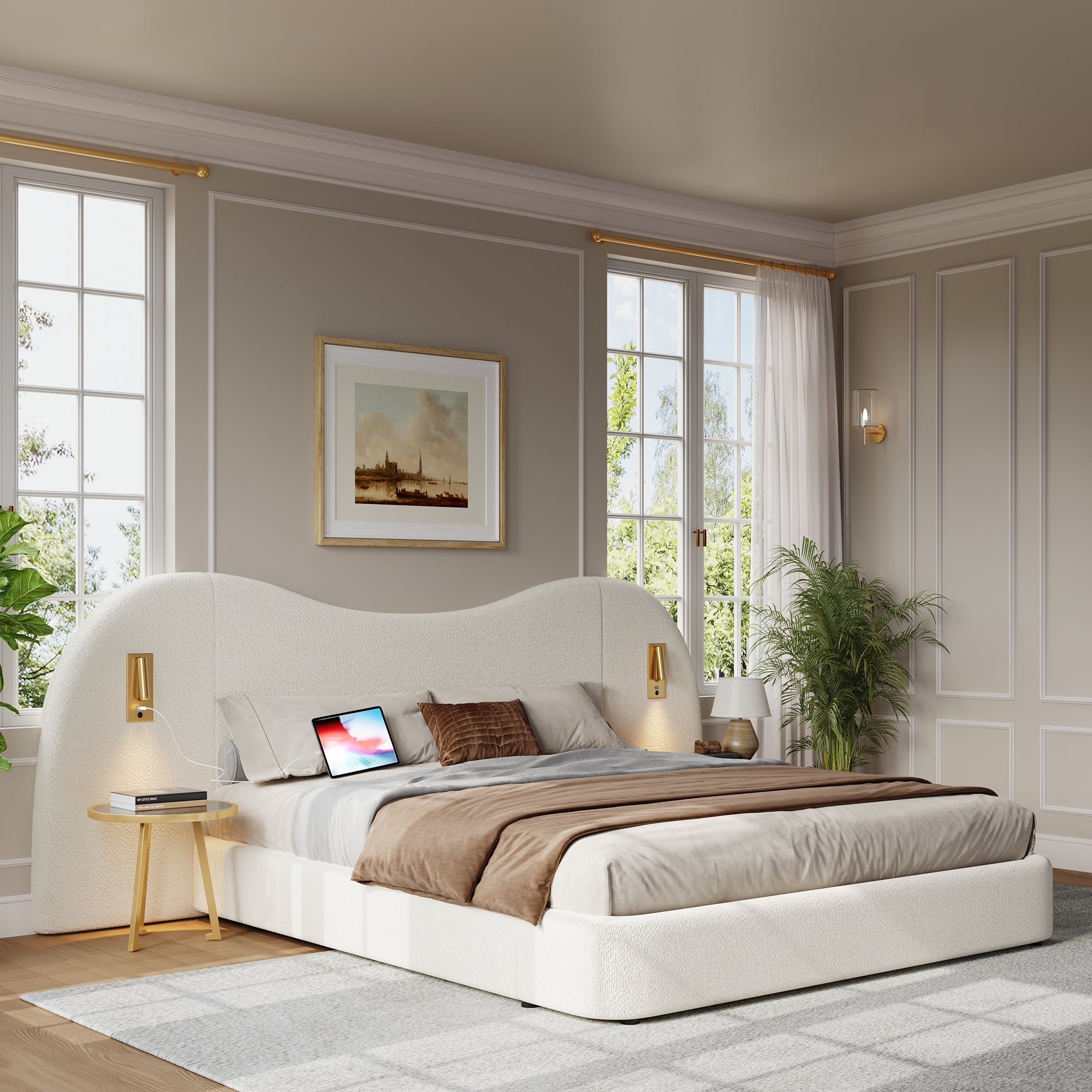 Upholstered Double Bed 180x200cm Hydraulic Storage USB Reading Lamp White Bouclé