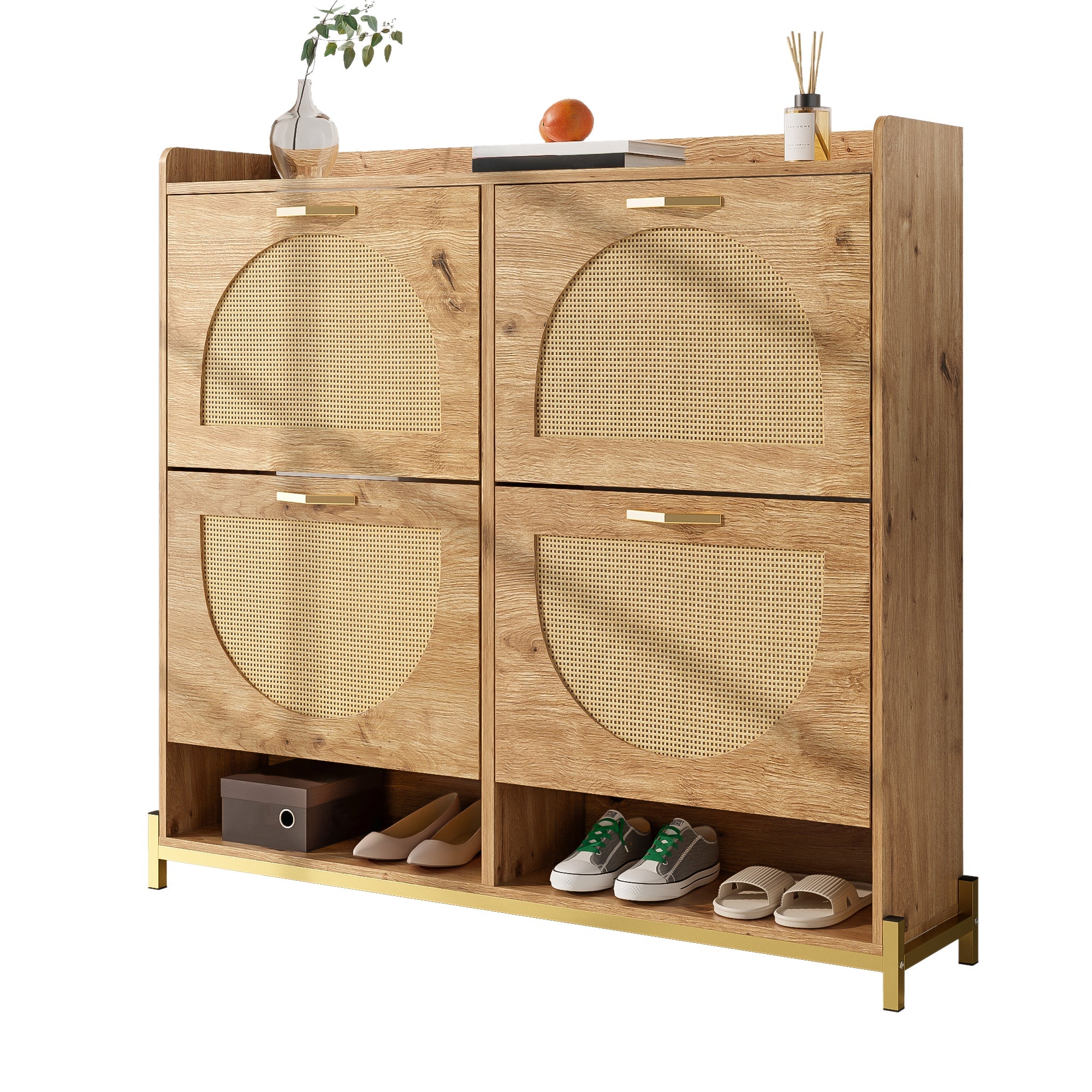 Shoe Cabinet, 4 Doors Metal Frame Top Shelf, Wooden Rattan