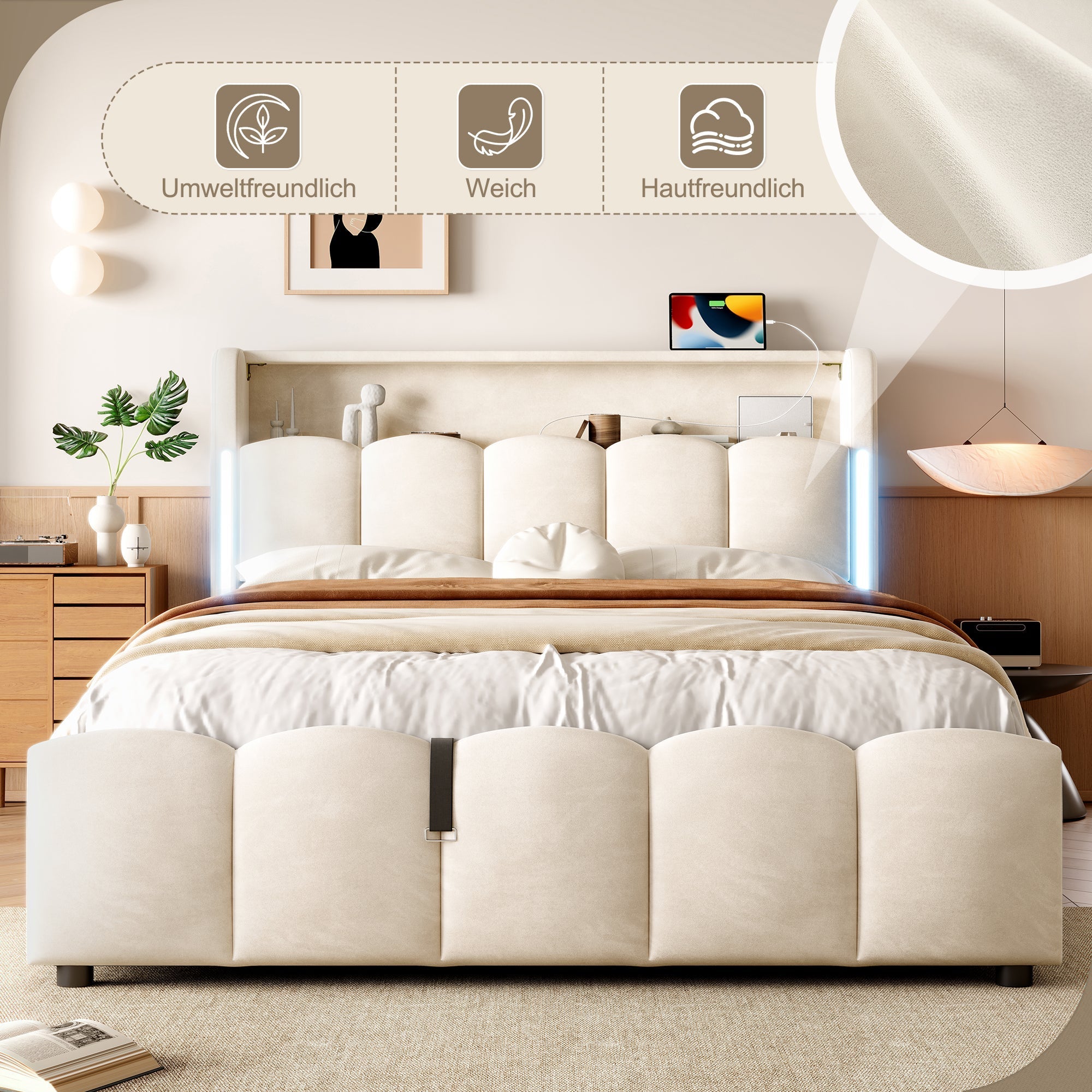 Upholstered Bed 140x200cm Hydraulic Storage LED Headboard USB/Type-C Ports - Beige Velvet