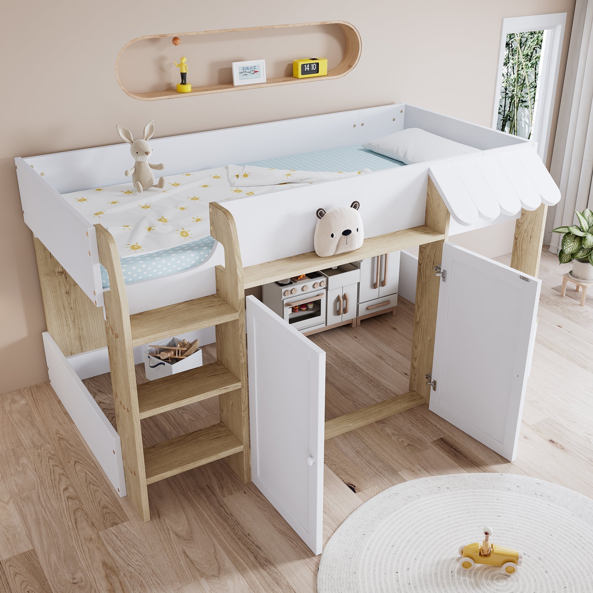 Wooden High Sleeper Bed 3ft Single with Ladder and Storage Cabinets, White Pine + MDF + Plywood