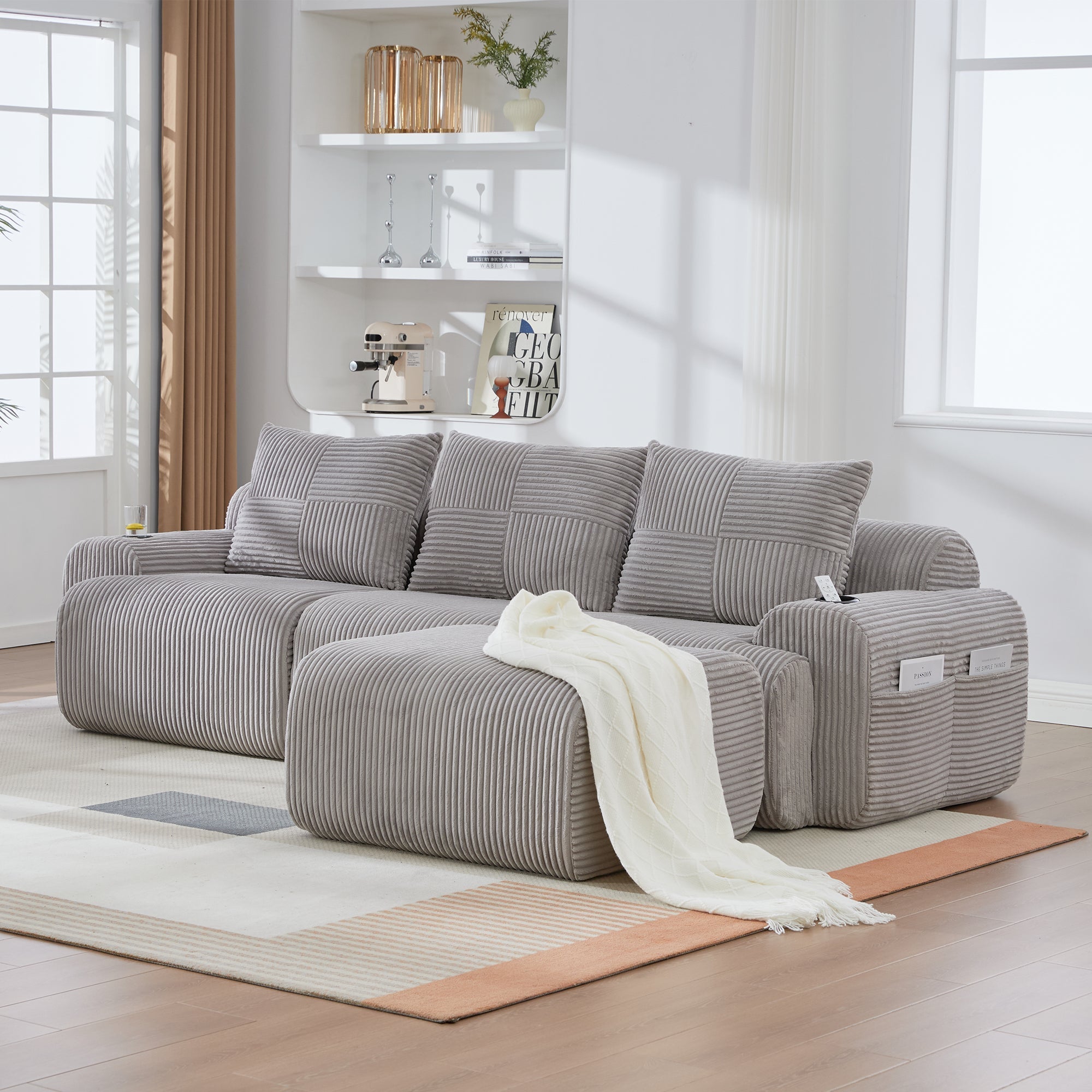 3-Seater Modular Corduroy Sofa with Ottomans, Cup Holders and Storage, Light Grey