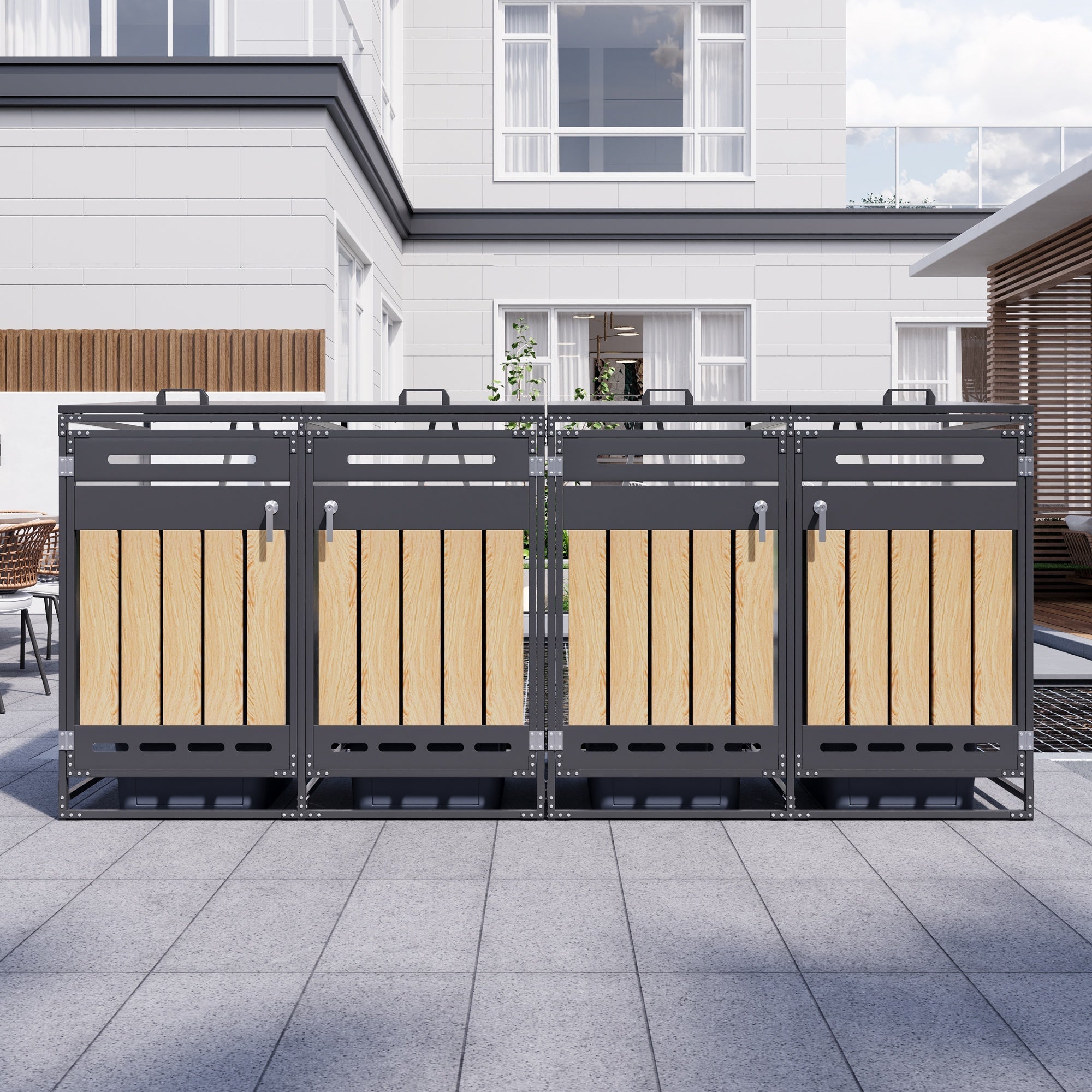 Bin Storage Cabinet, Set of 4 with Hydraulic Lids and Vertical Cladding, Iron Wood-Look