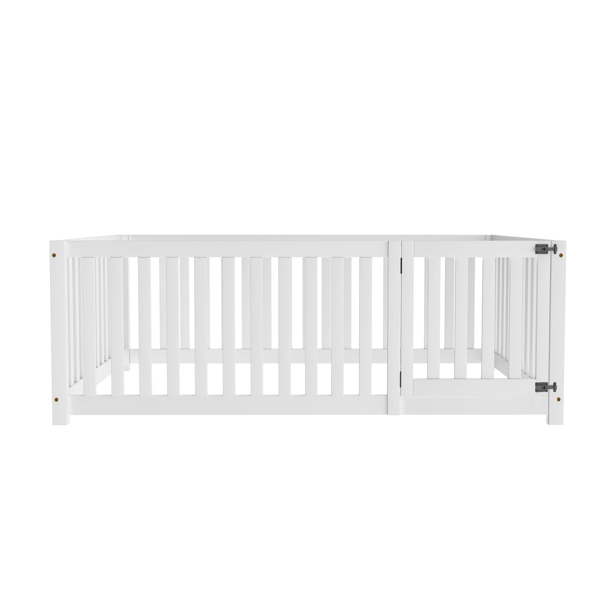 Children's bed 140 x 200, wooden floor bed frame with fence and door, white