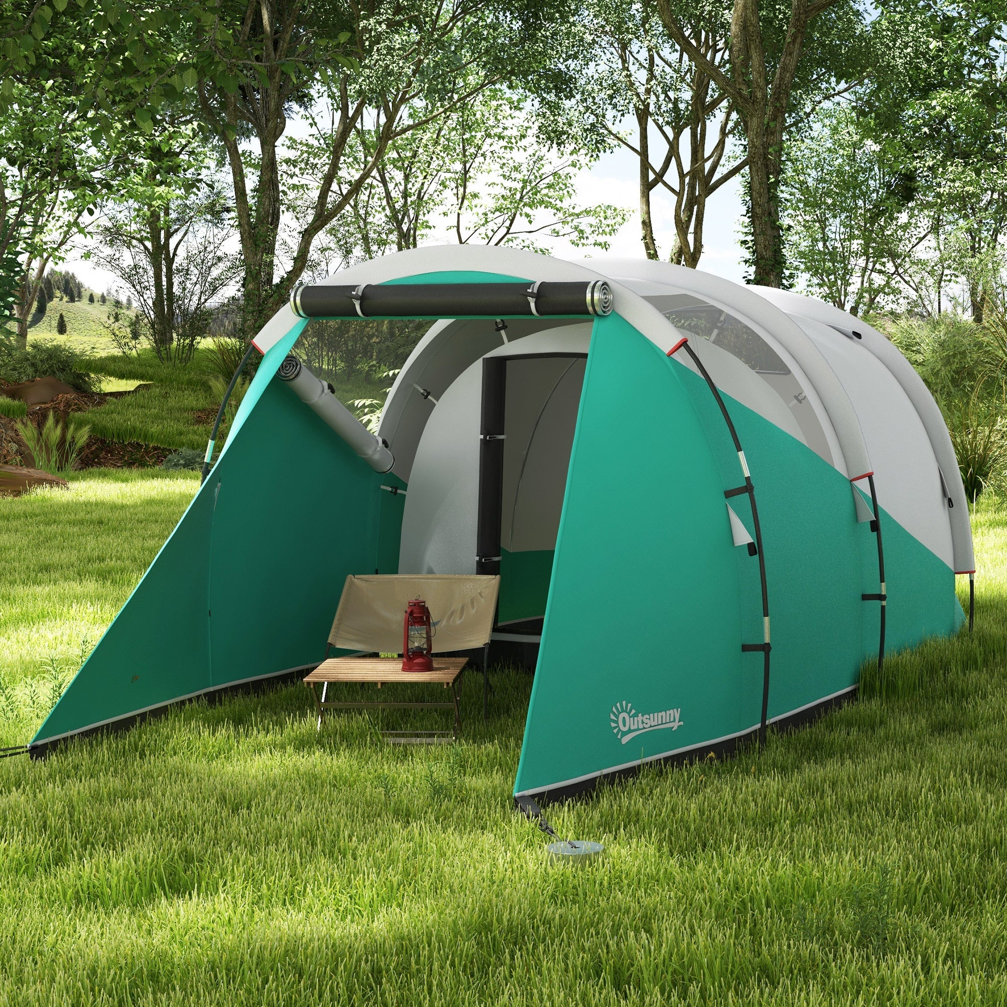 Tunnel Tent Camping Tent, 5 People Family Tent 2 Rooms, Green