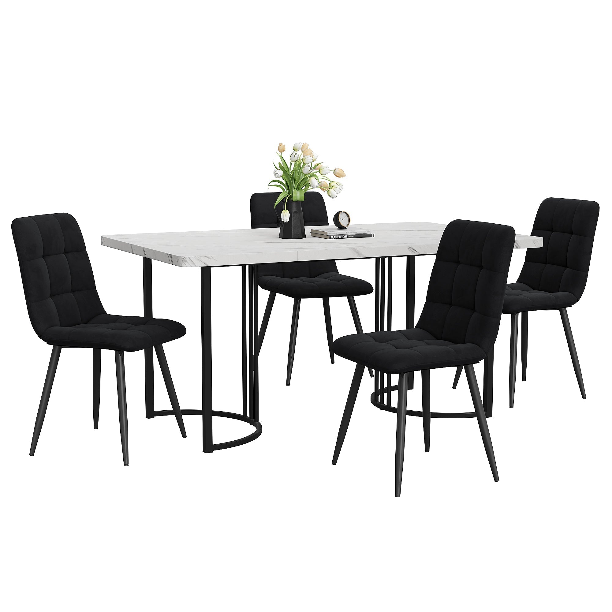 5-Piece Dining Set Modern 140x80cm Black Metal Legs White MDF/Black Velvet