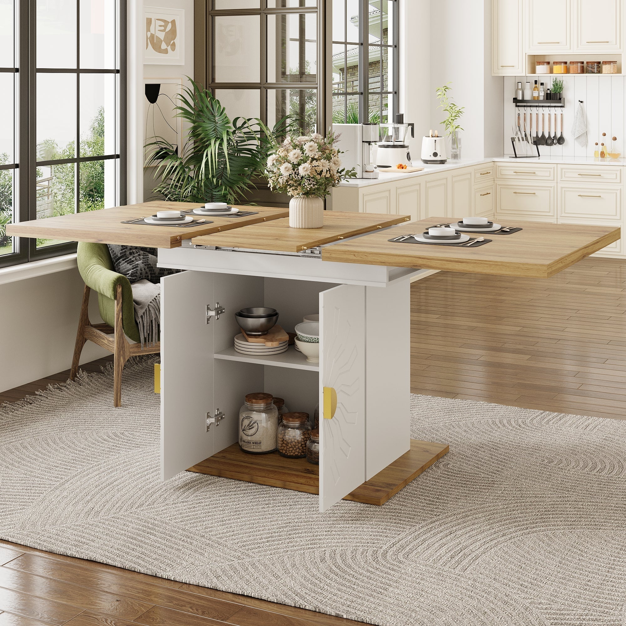 Extendable Dining Table with Storage and Sunburst Relief, Wood Veneer