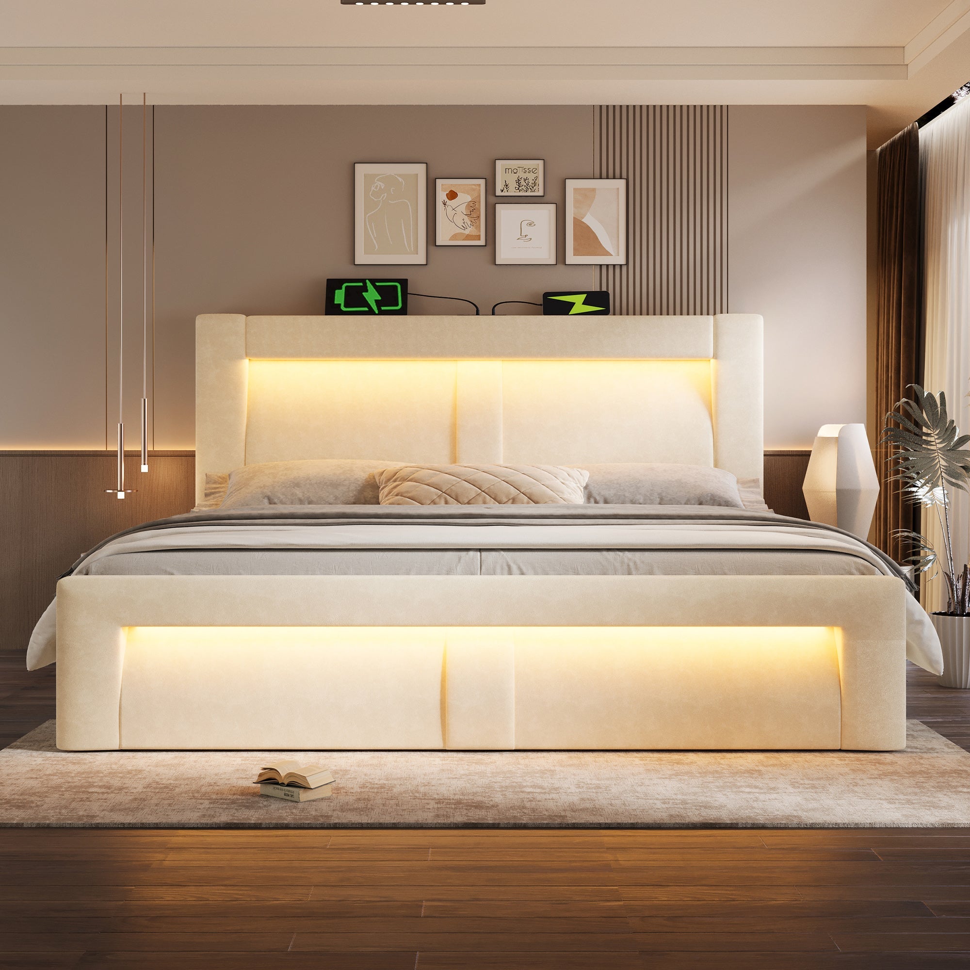 Double Bed with Hydraulic Storage, LED Lighting and Charging Ports, 140x200cm, Beige Velvet