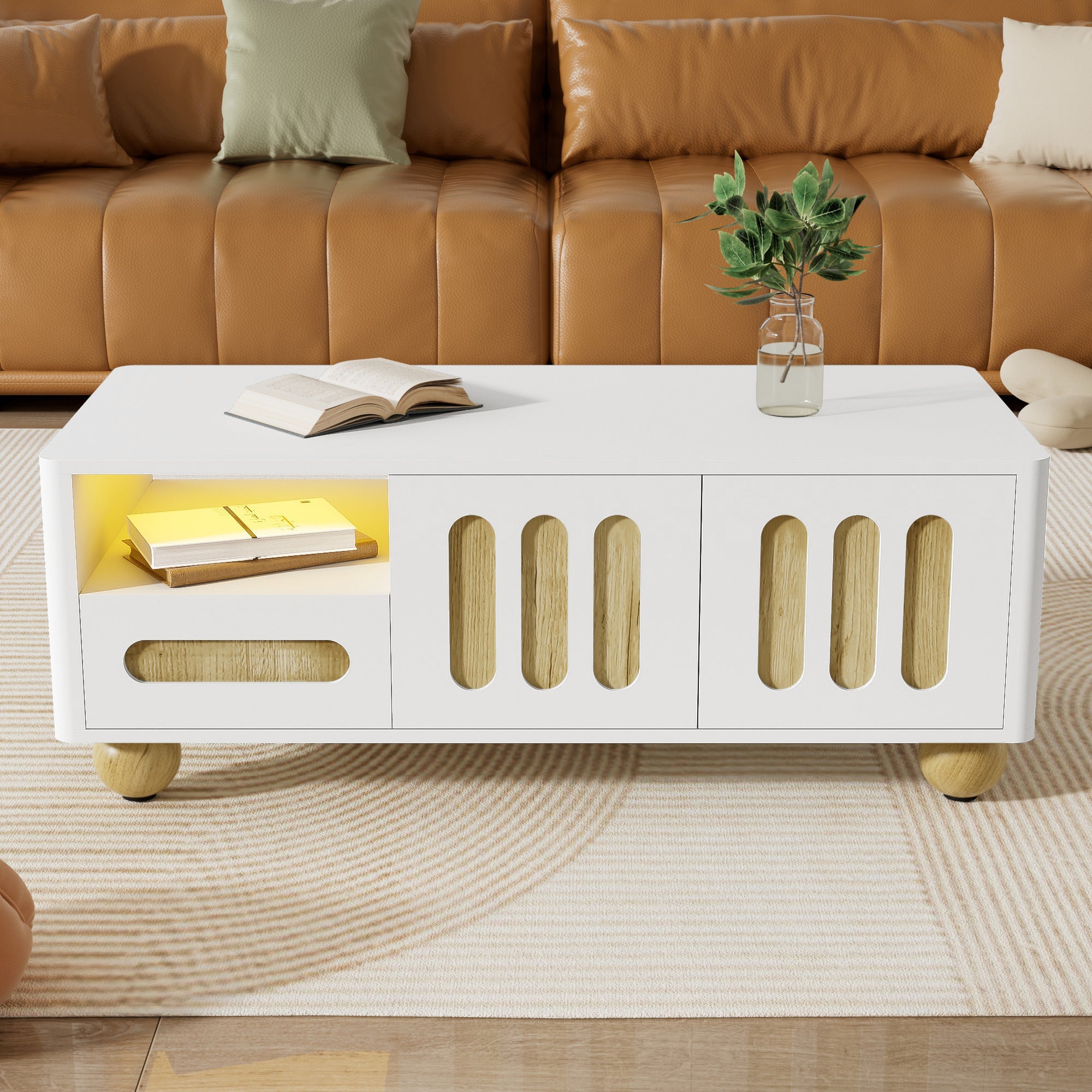 Coffee Table, 105x50x40 cm, 4 Doors, 2 Drawers, LED Light, White Wood