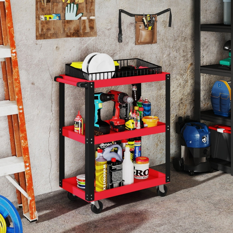 Tool Trolley 3 Levels, 120 kg Load Capacity, Metal Frame, Red