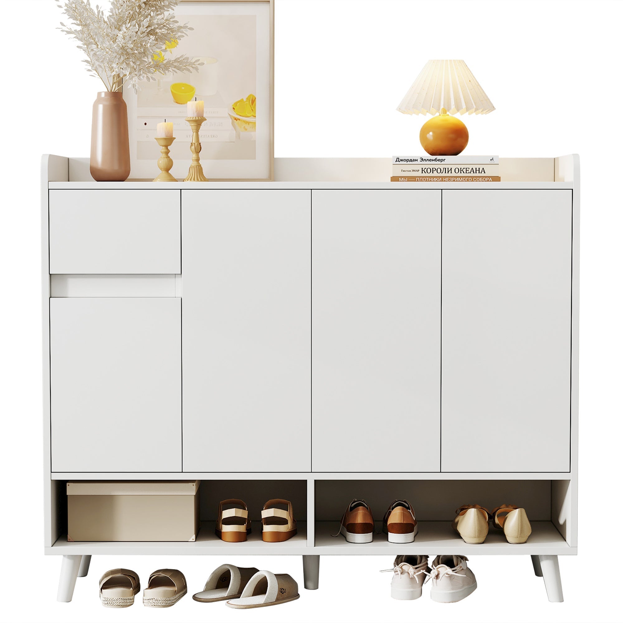 Modern Sideboard Chest of Drawers Shoe Cabinet with Large Storage, Adjustable Shelf, White