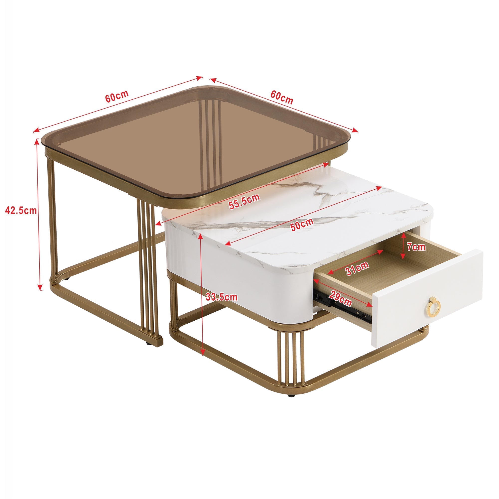 Stackable Coffee Table: High-Gloss Marble, Tea-Brown Glass, Gold Accents, Two-Piece Set