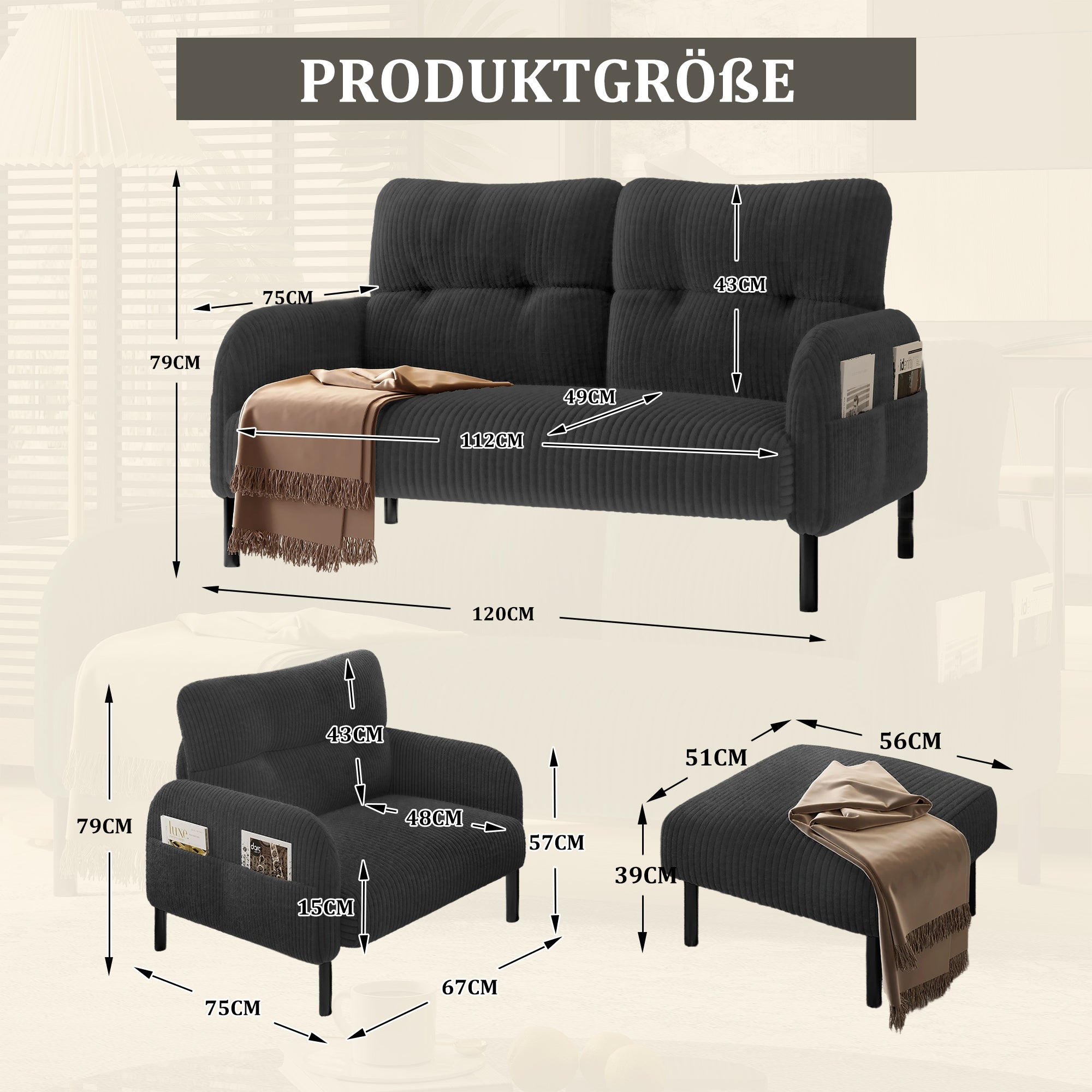 Cord Sofa Set, Modular 3-Piece Deep Seat Side Pocket, Grey Fabric