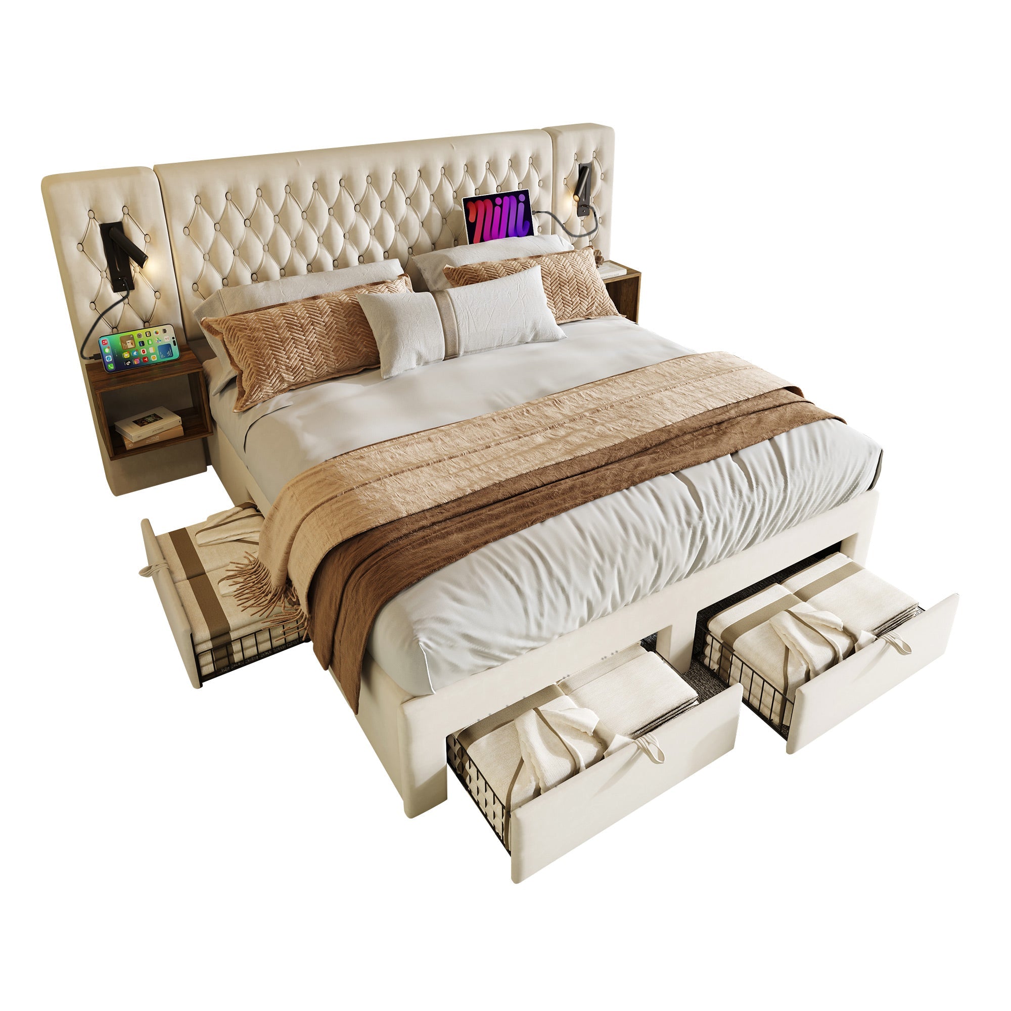 Complete Bedroom Bed Set with 180x200cm Double Bed, 2 Bedside Tables, 4 Drawers and USB Reading Light, Beige Velvet