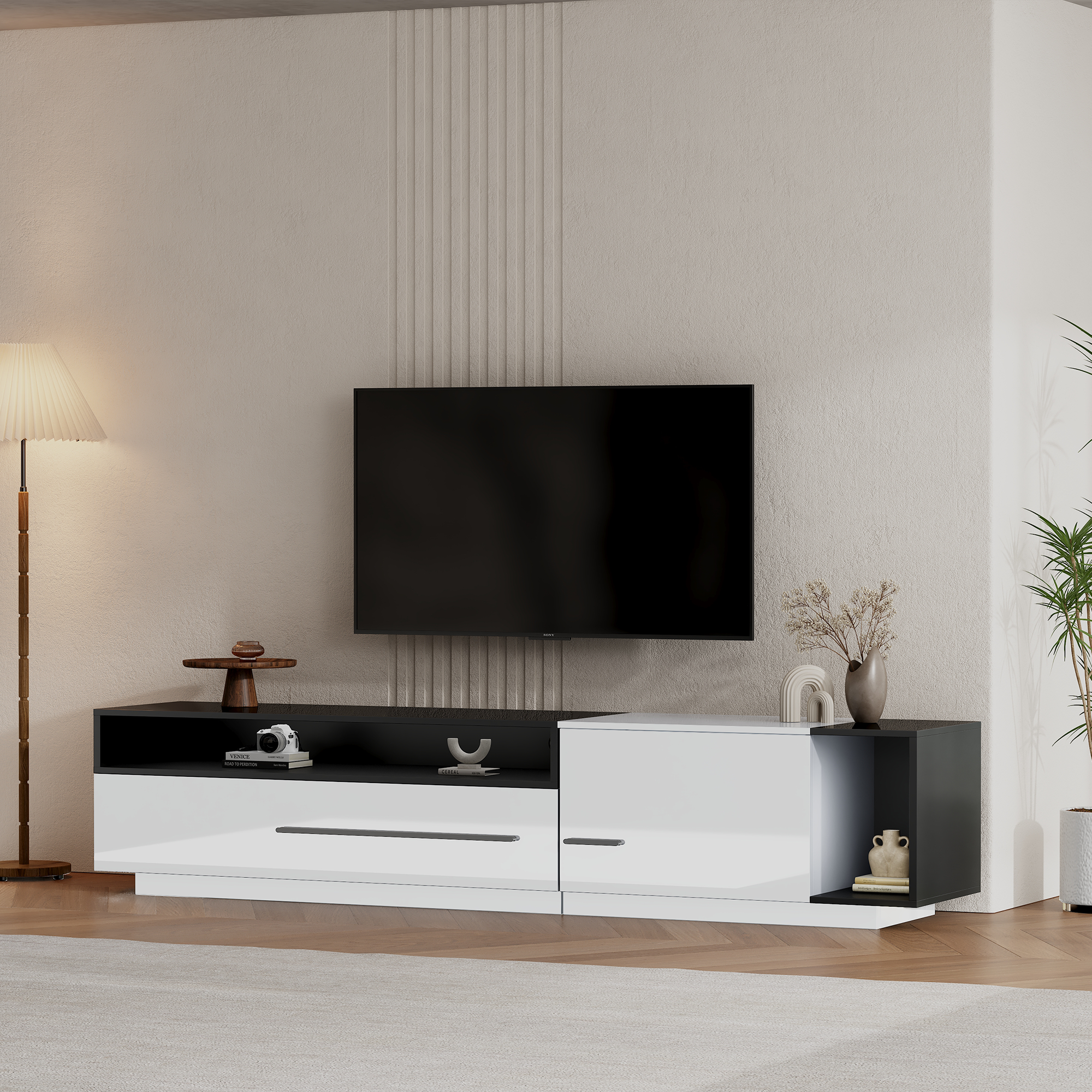 High-Gloss TV Cabinet, 170cm Lowboard for 70-inch TVs with Drawer & Door