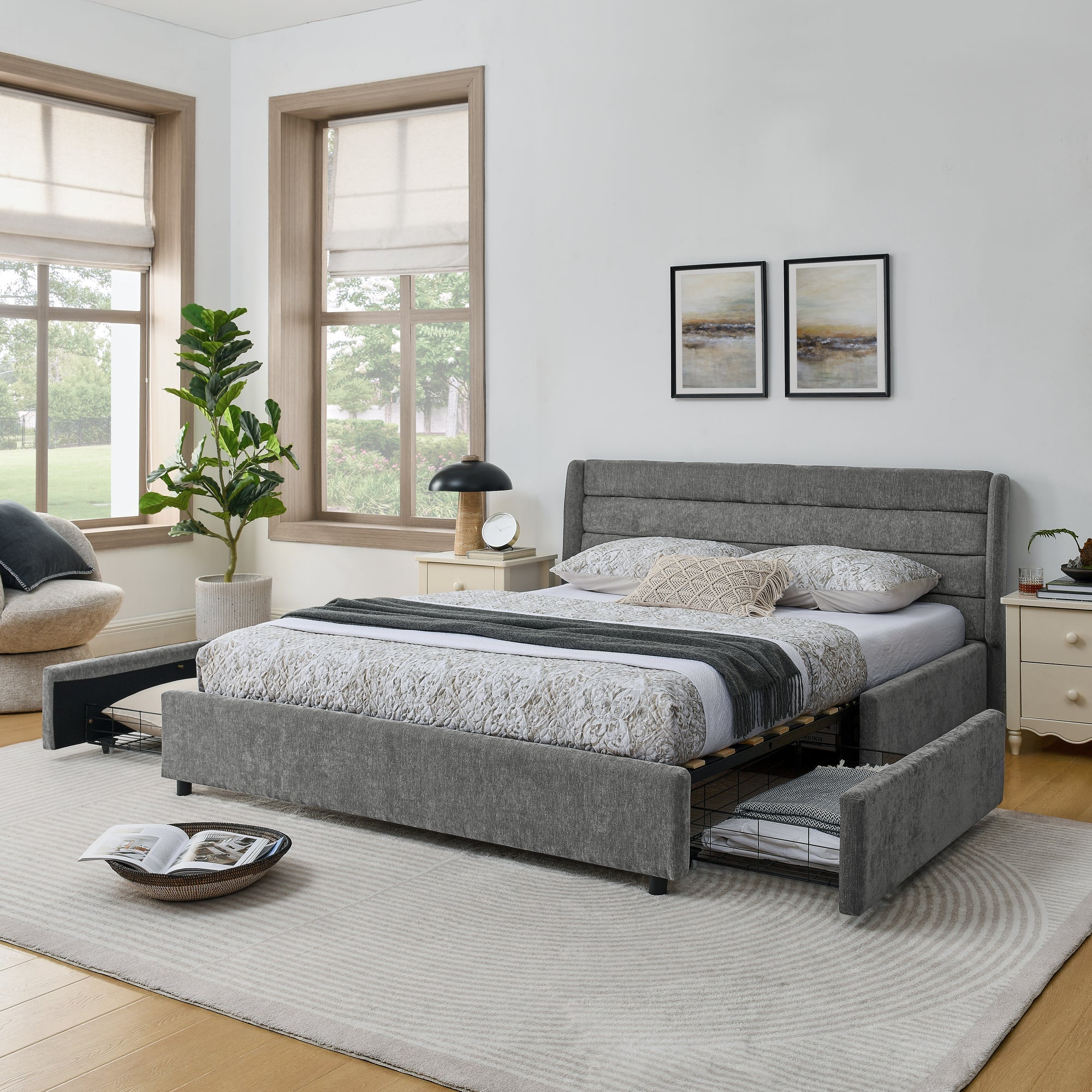 Double Bed 160x200cm with 4 Large Storage Drawers, Dark Grey Chenille
